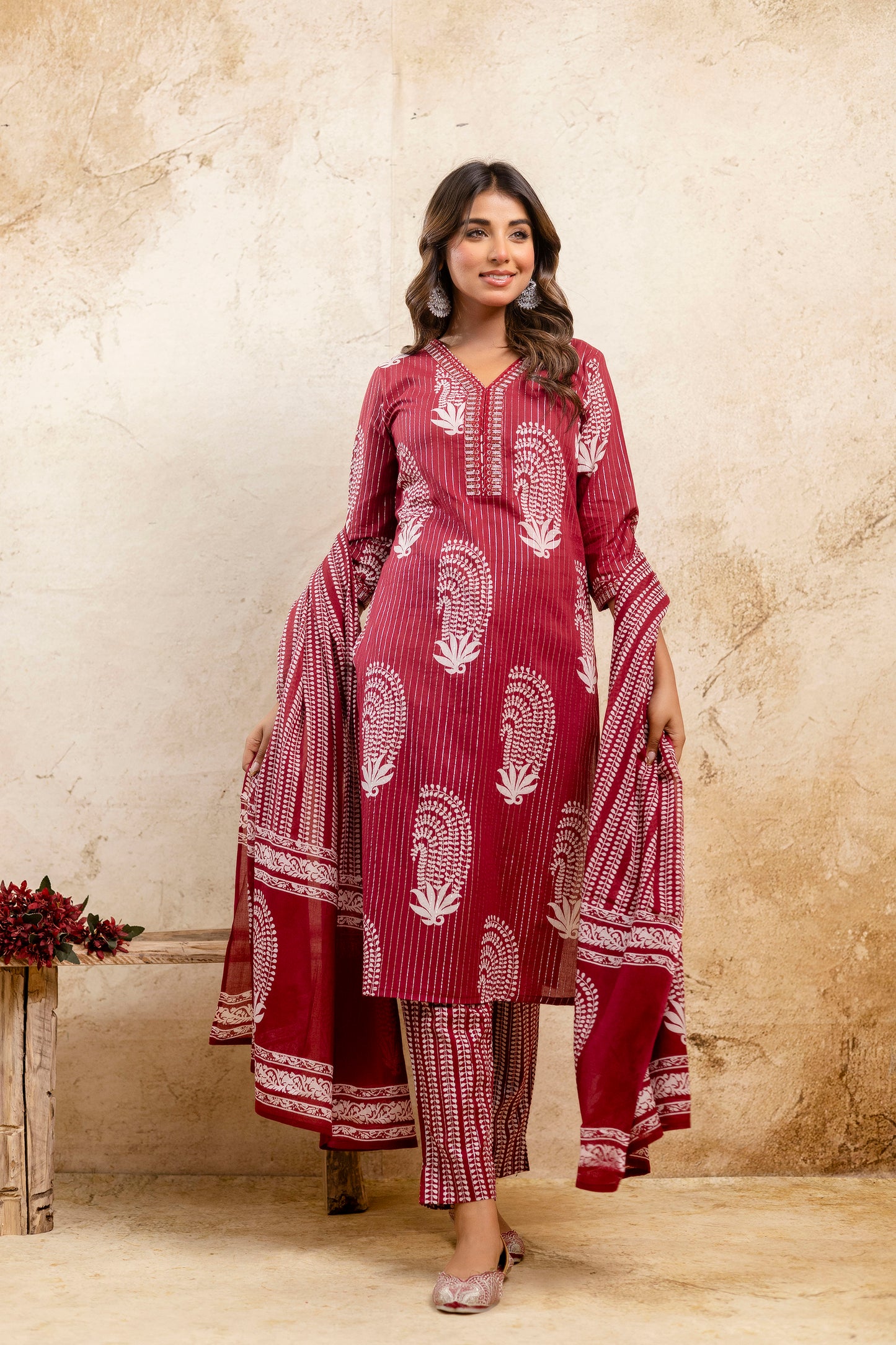 Red printed kurta set