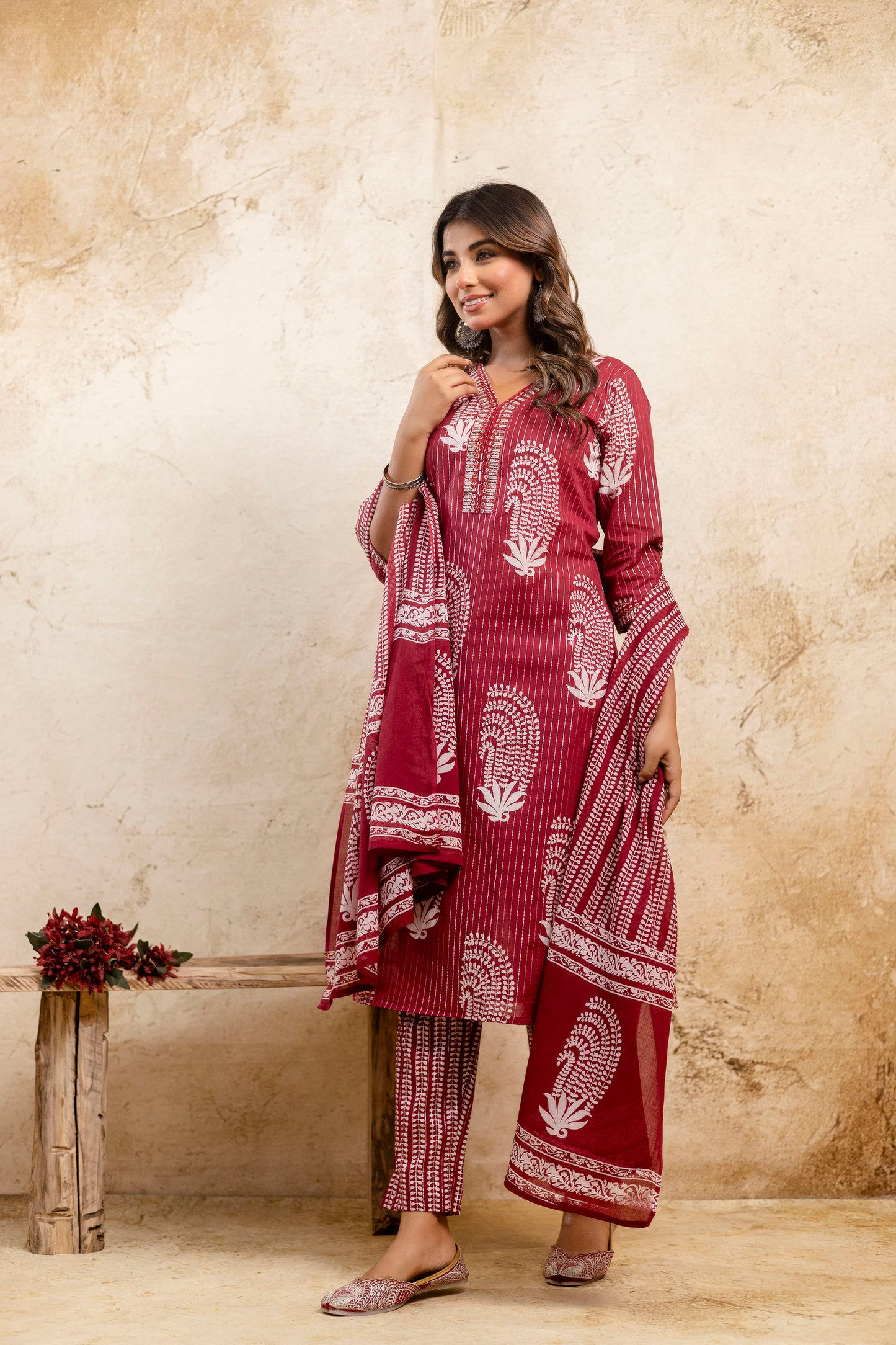 Red printed kurta set