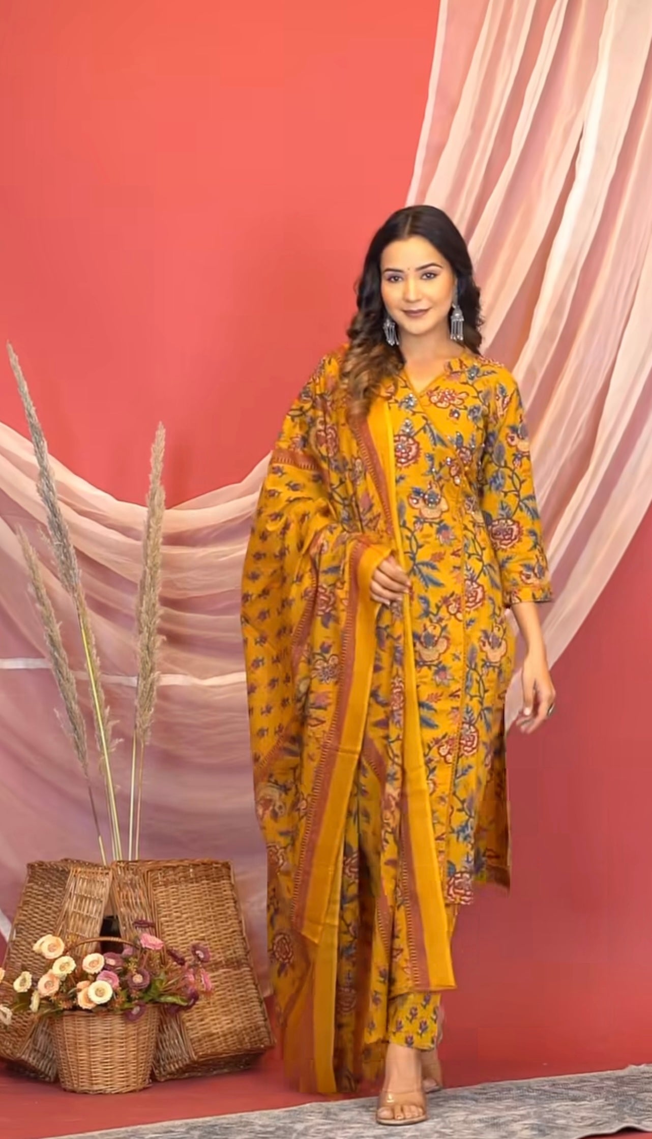 Mustered flower printed kurta set