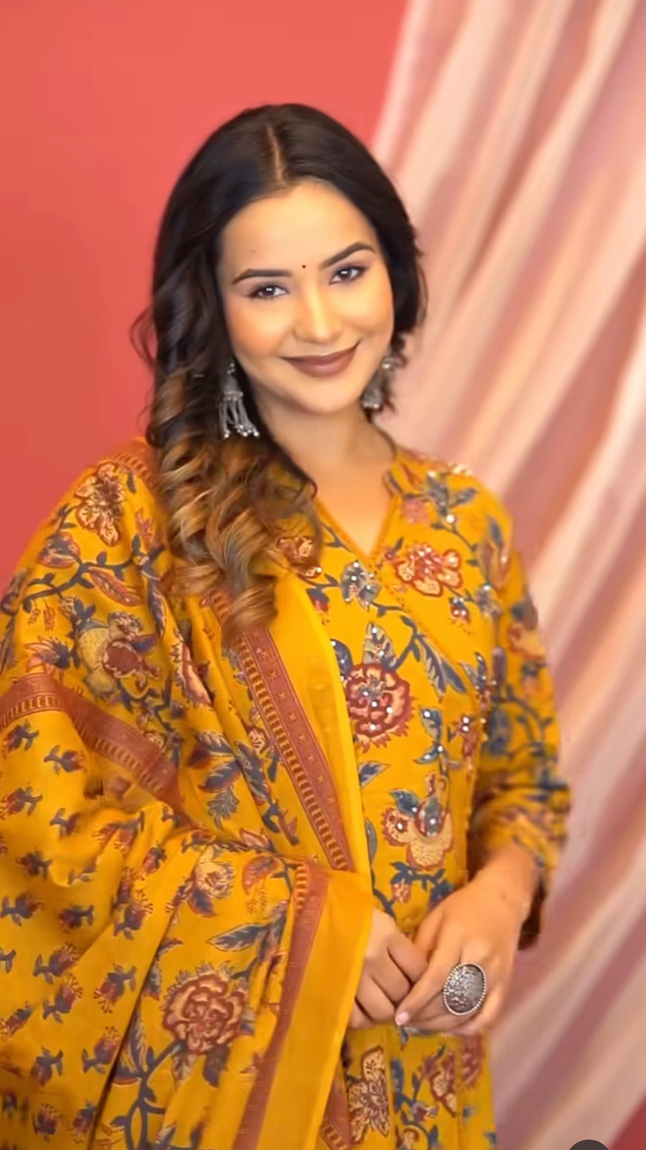 Mustered flower printed kurta set