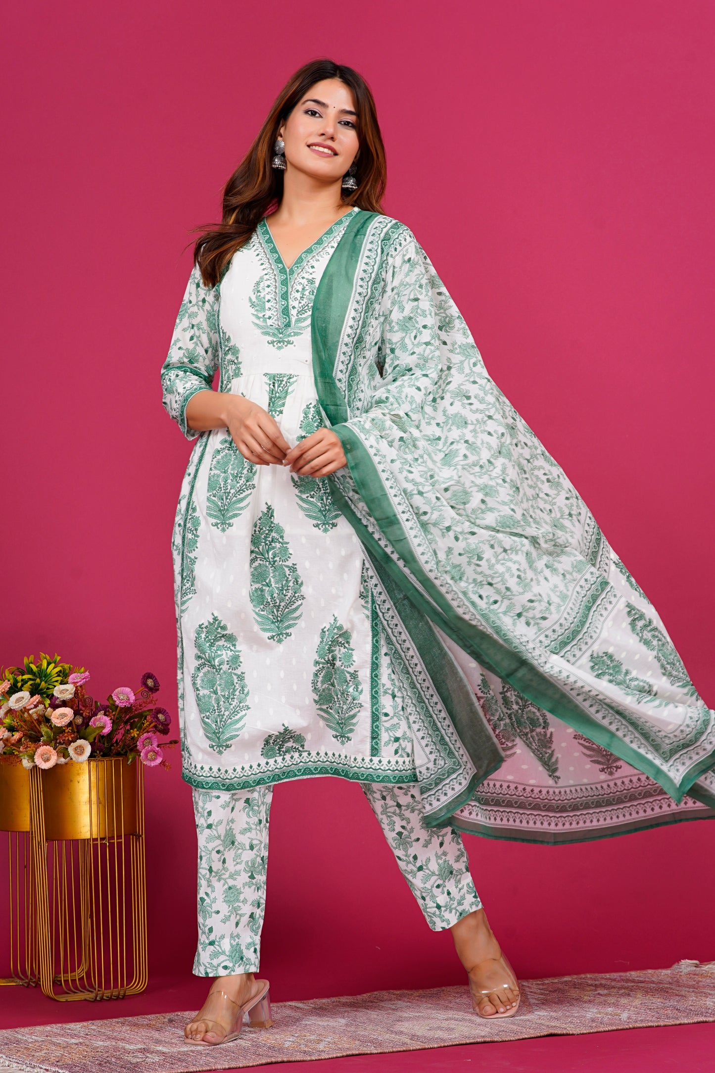 White And Green Kurta Set