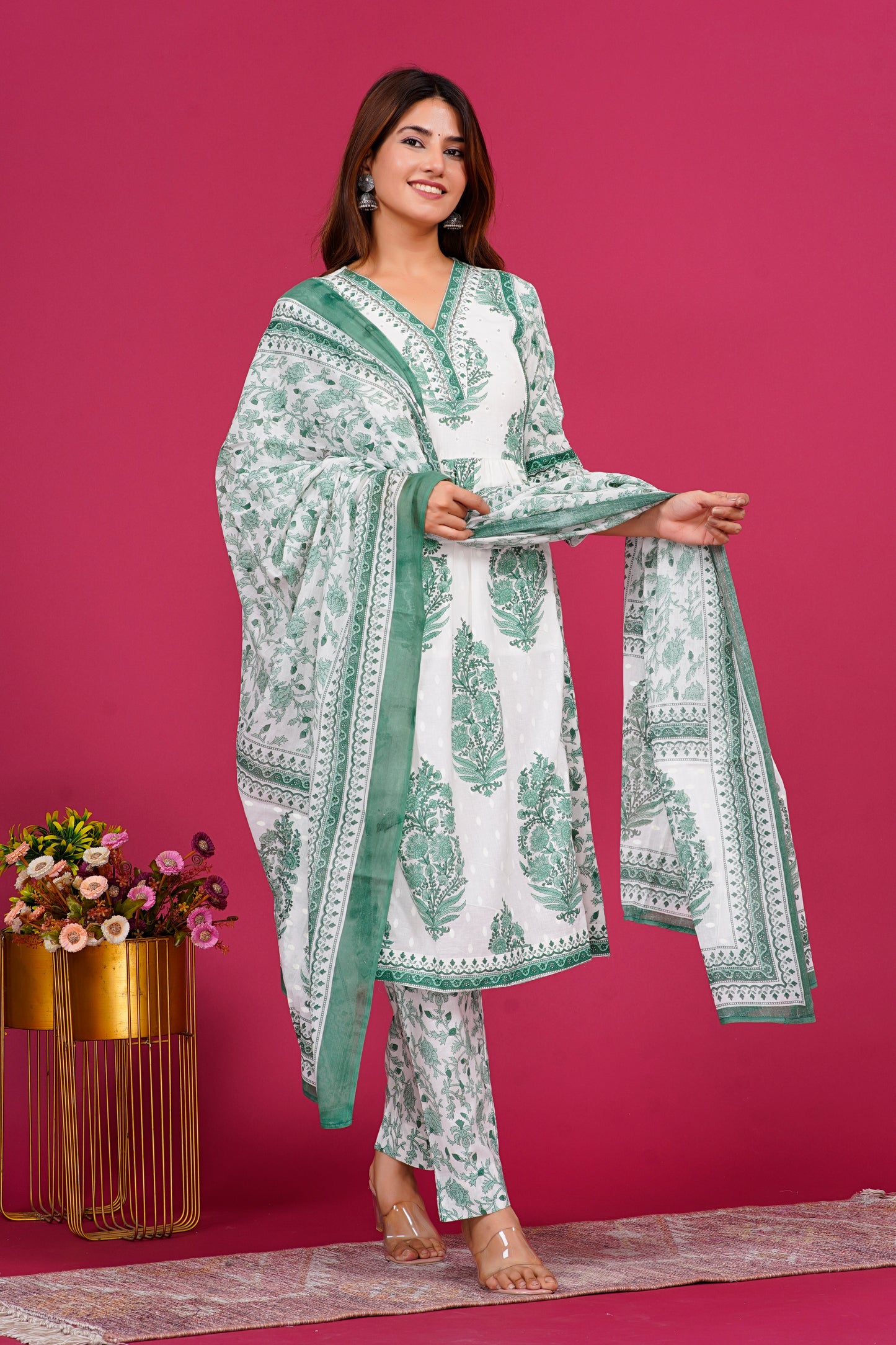 White And Green Kurta Set