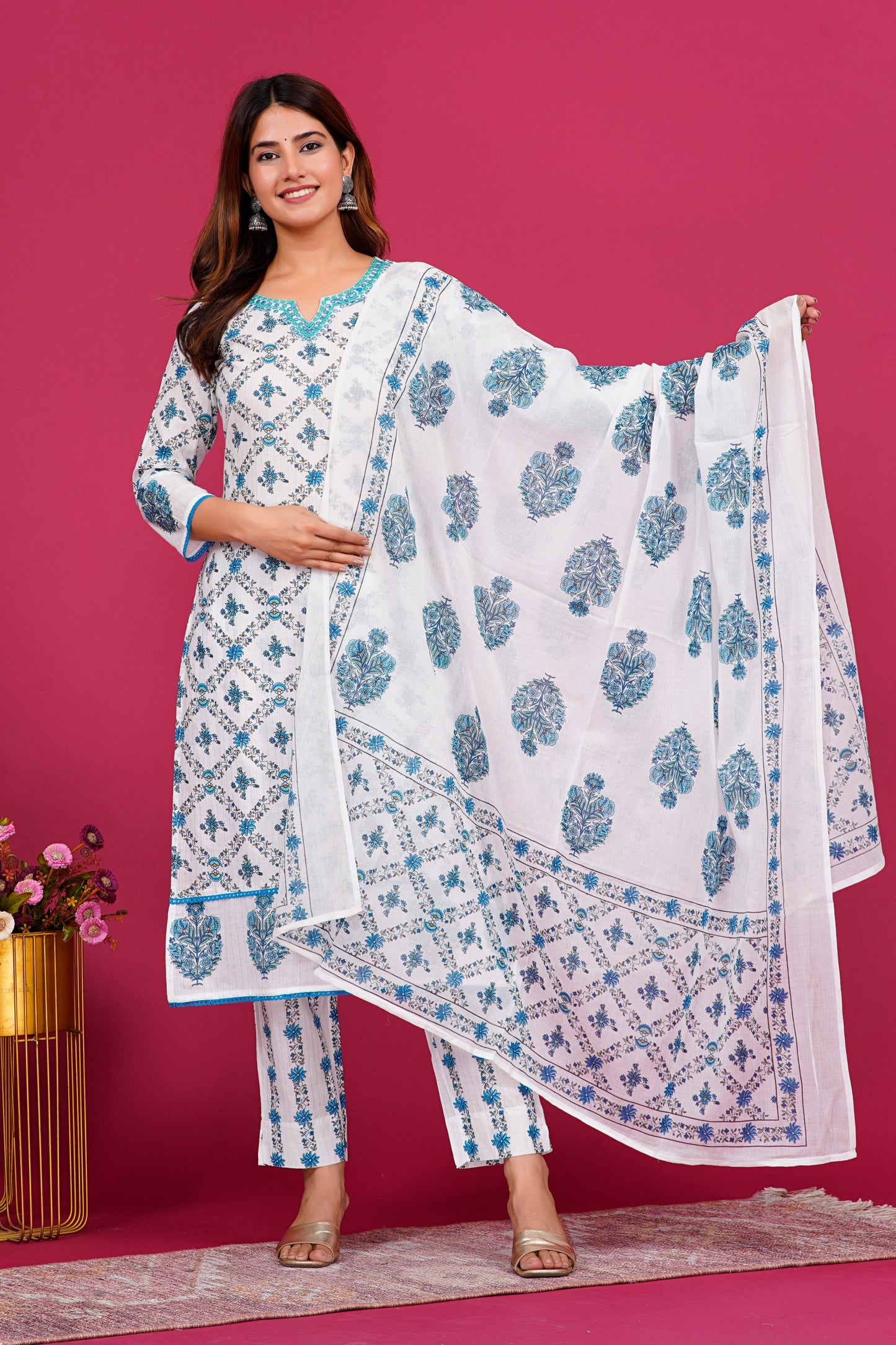 White & Blue Pattern kurta Set