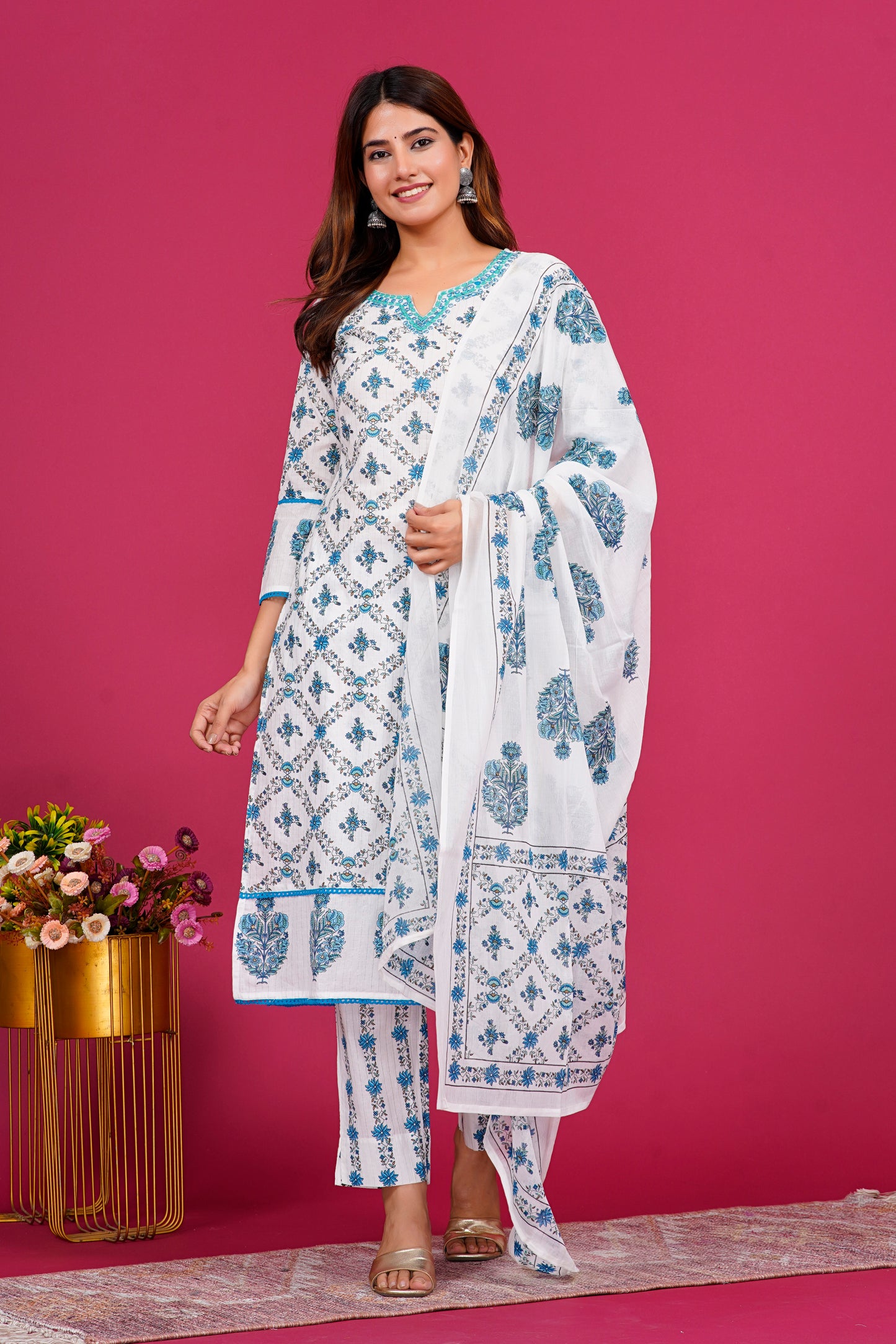 White & Blue Pattern kurta Set