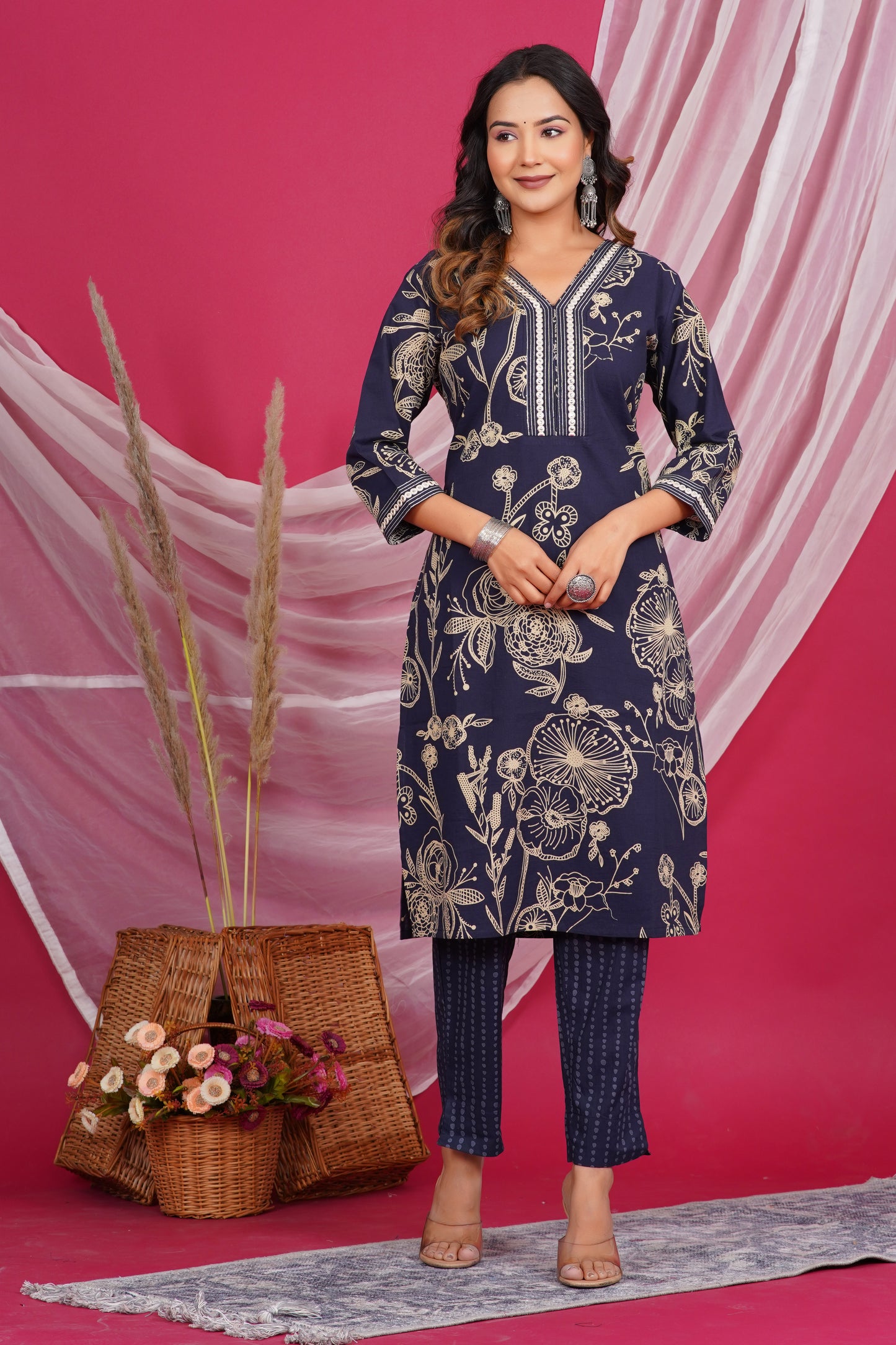 Navy Blue Floral Printed Kurta with Embroidered Neckline