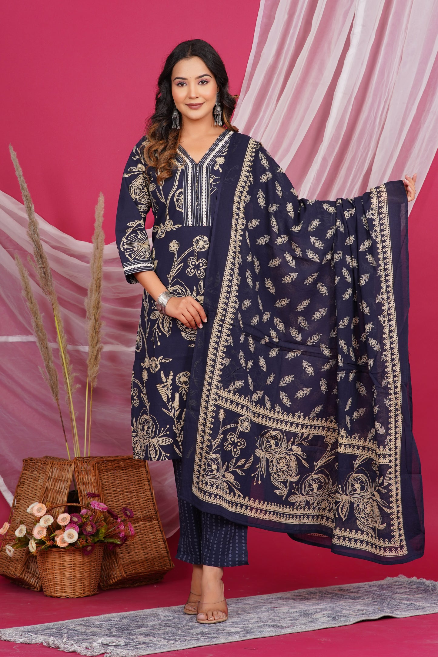 Navy Blue Floral Printed Kurta with Embroidered Neckline