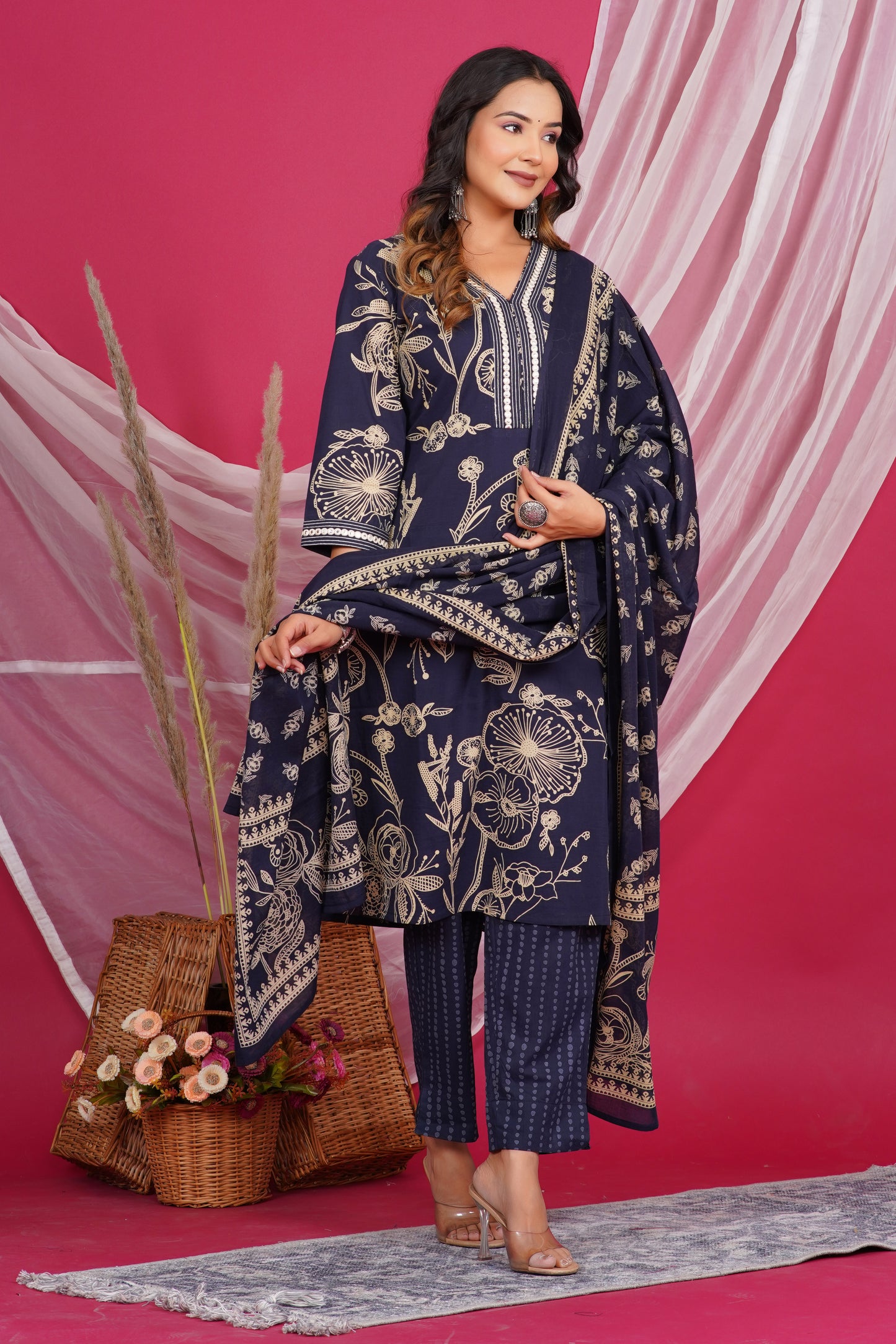 Navy Blue Floral Printed Kurta with Embroidered Neckline