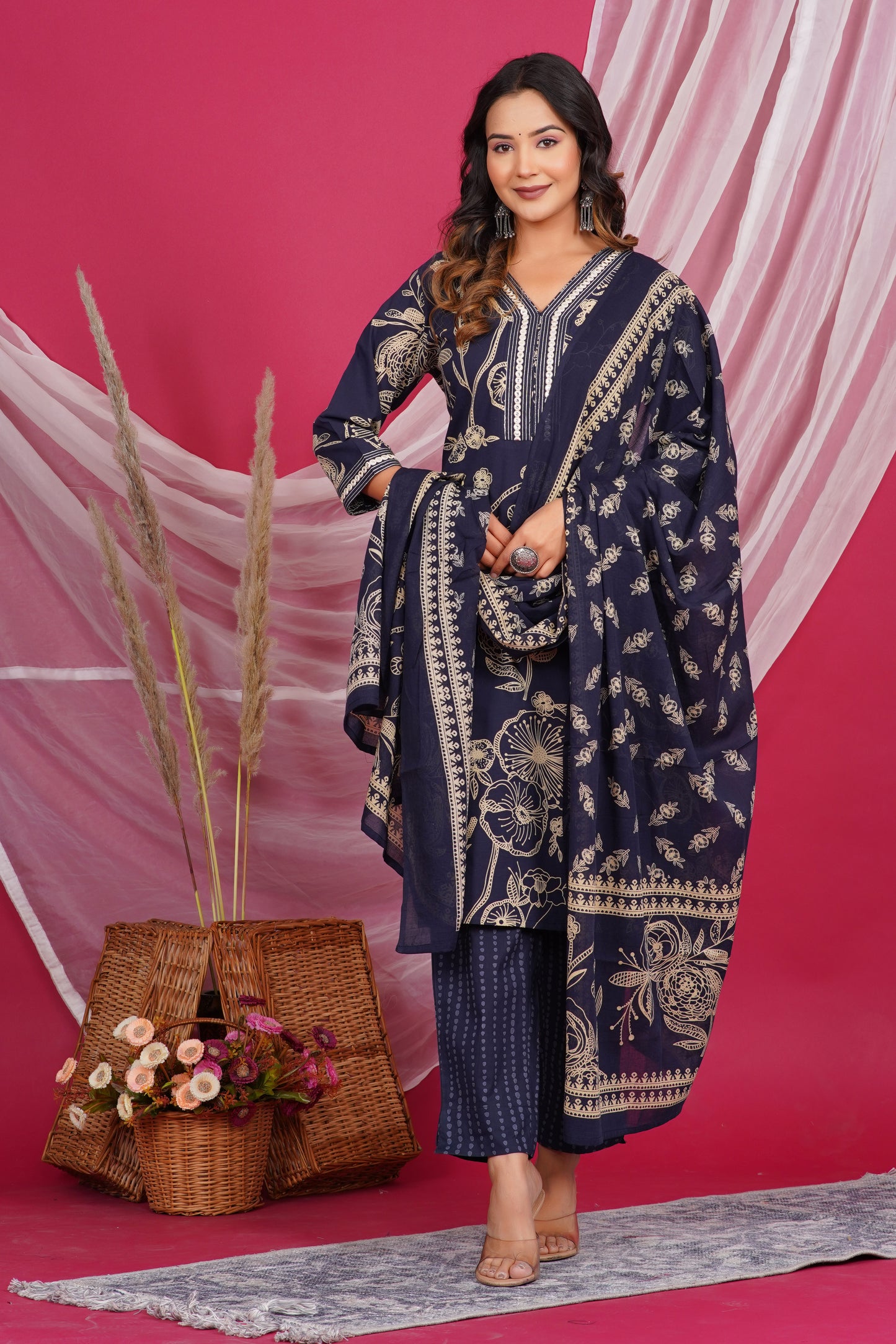 Navy Blue Floral Printed Kurta with Embroidered Neckline