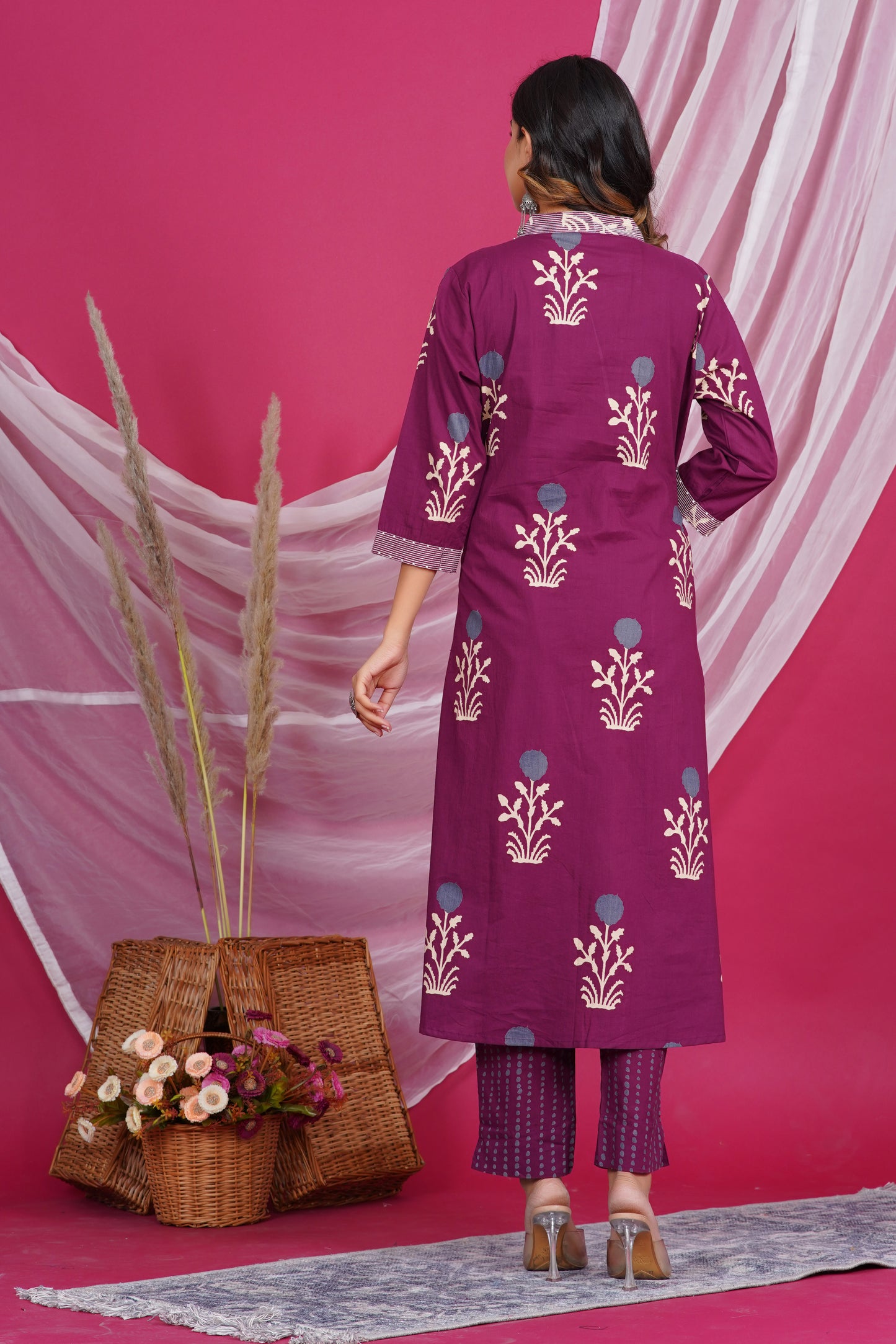 Maroon Floral Printed Kurta with Striped Neck Design