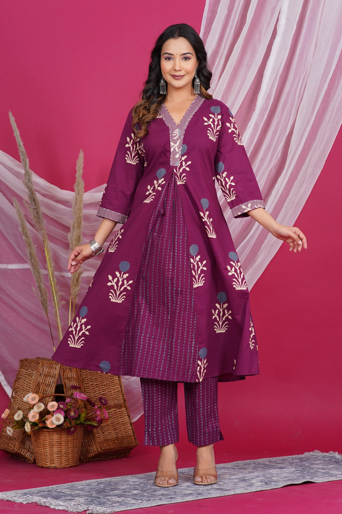 Maroon Floral Printed Kurta with Striped Neck Design