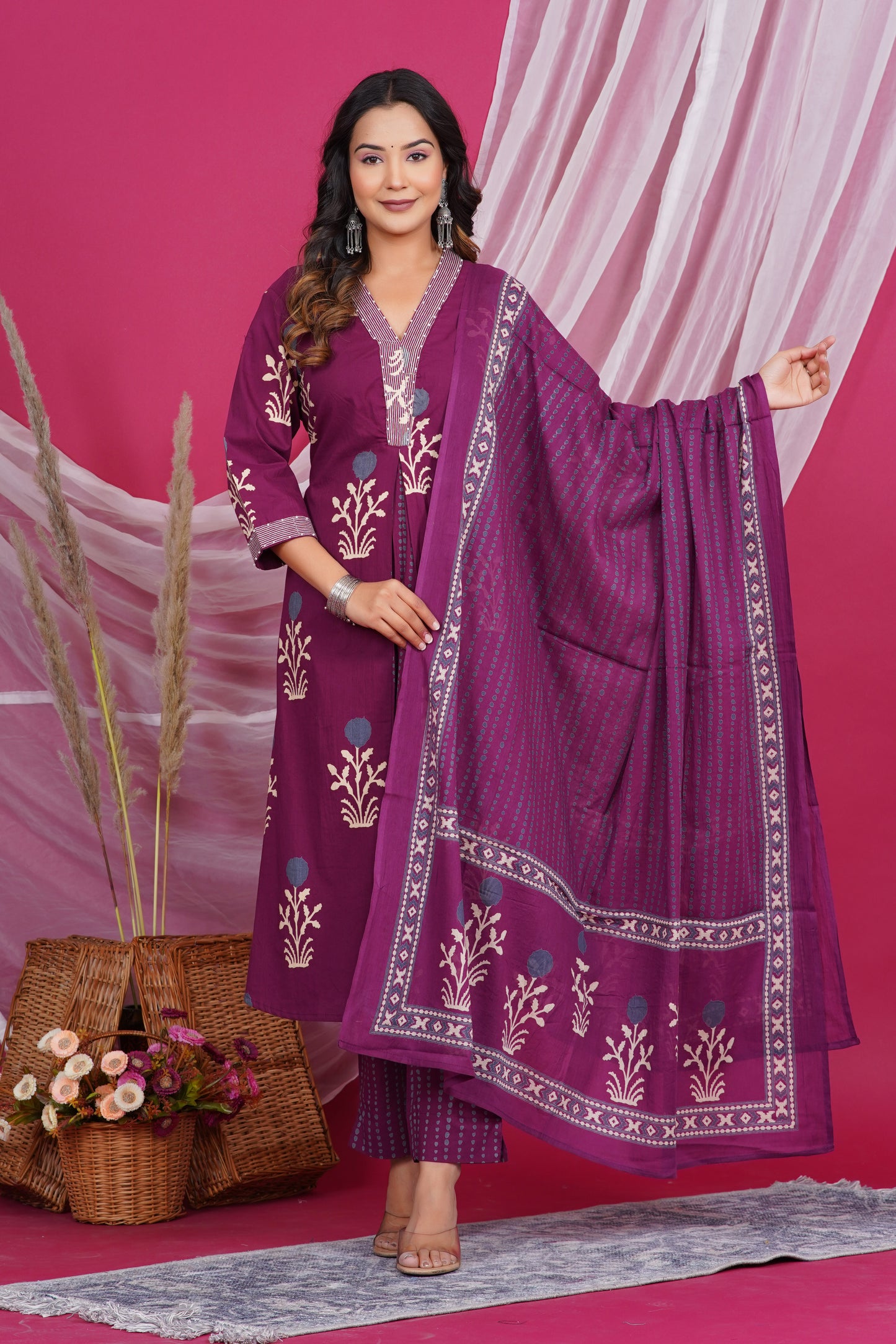 Maroon Floral Printed Kurta with Striped Neck Design