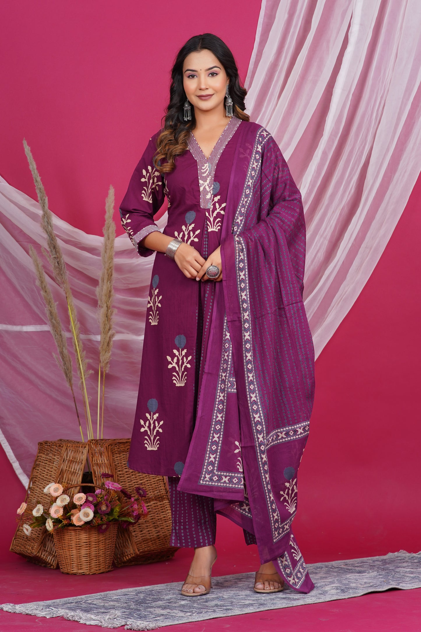 Maroon Floral Printed Kurta with Striped Neck Design