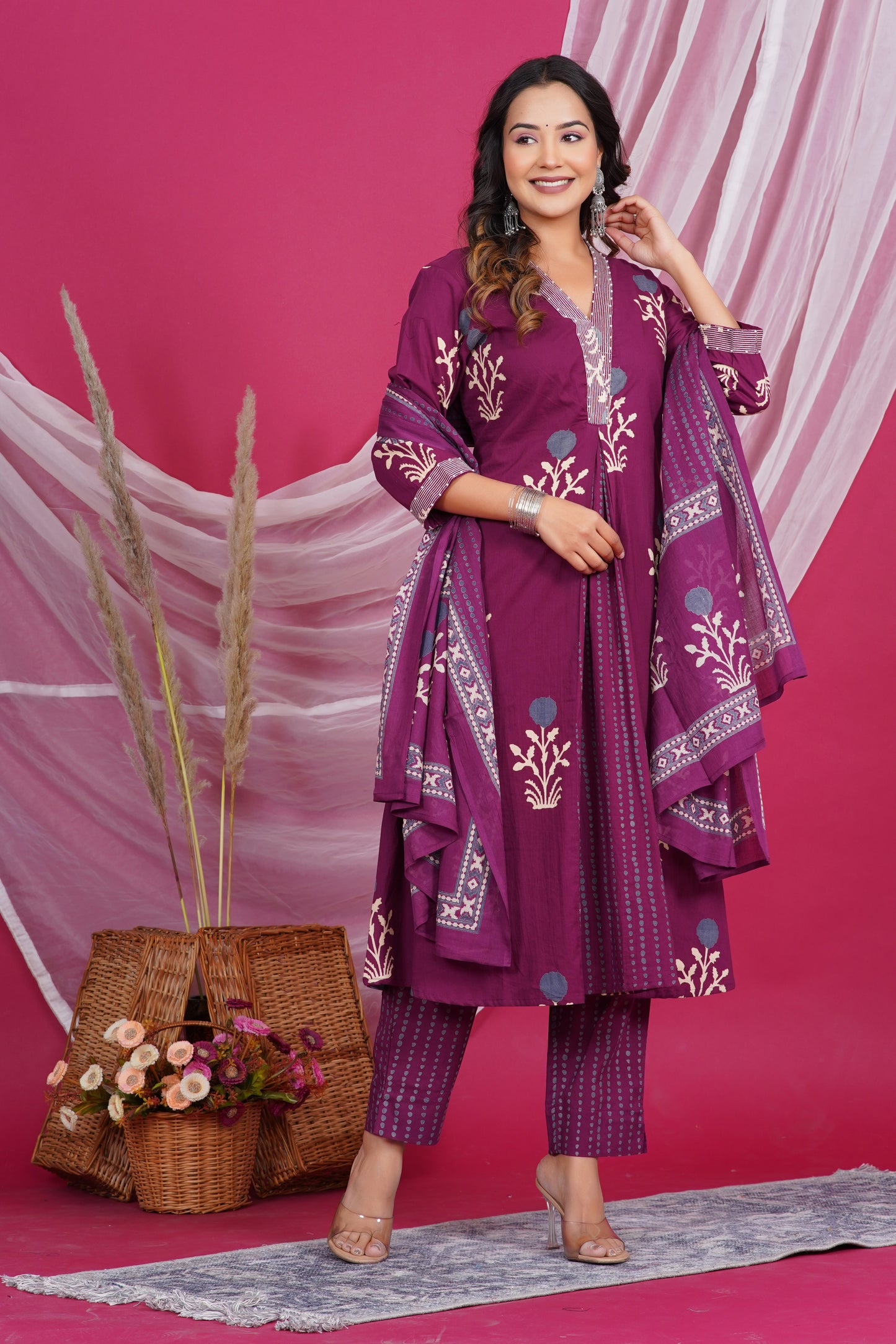 Maroon Floral Printed Kurta with Striped Neck Design