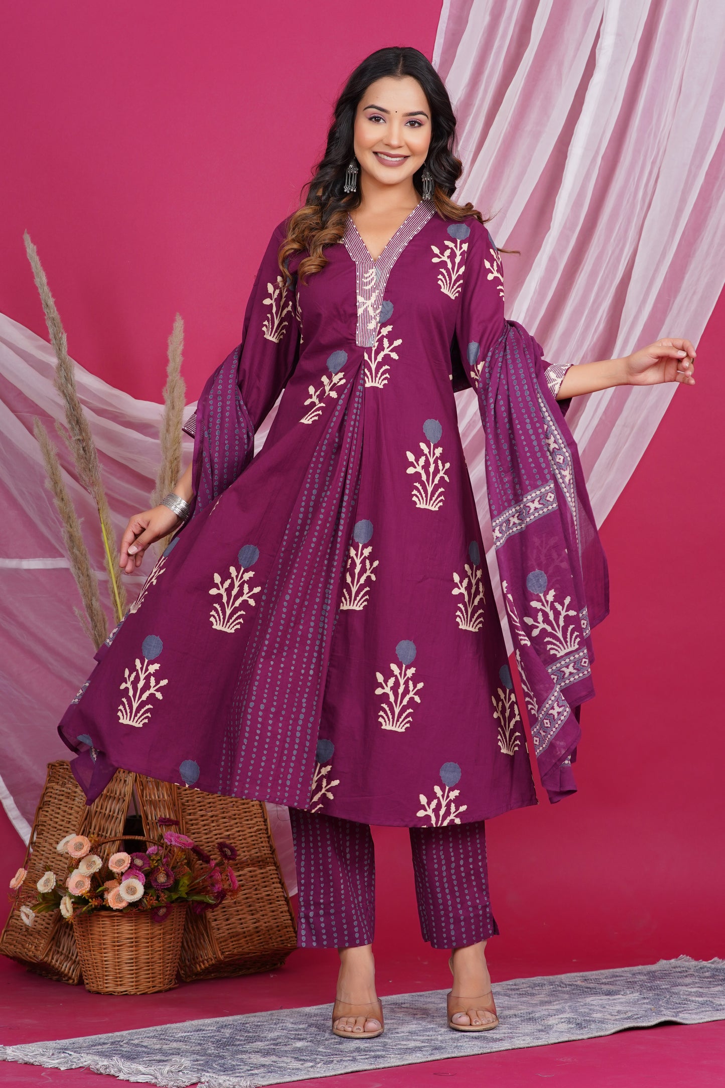 Maroon Floral Printed Kurta with Striped Neck Design