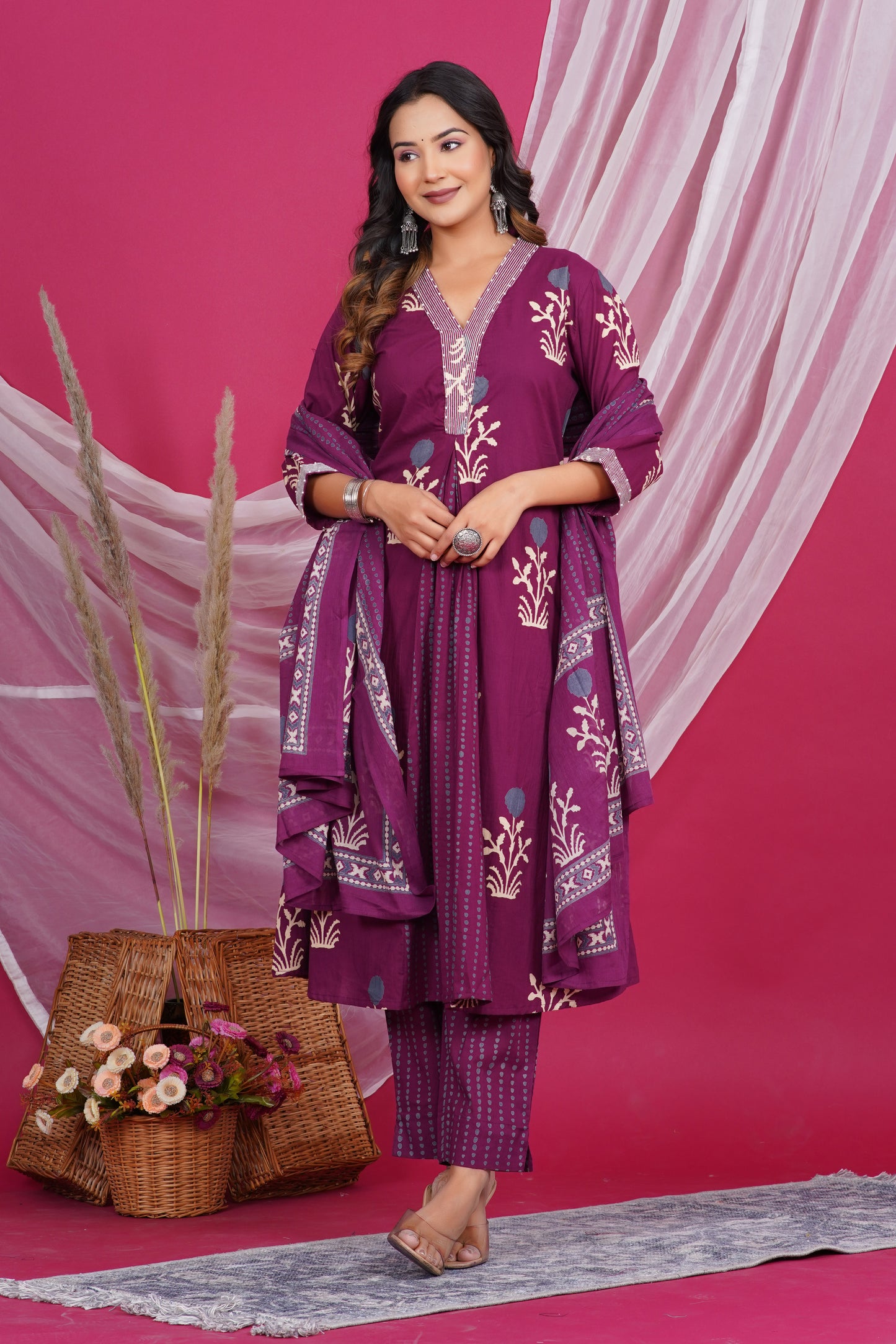 Maroon Floral Printed Kurta with Striped Neck Design