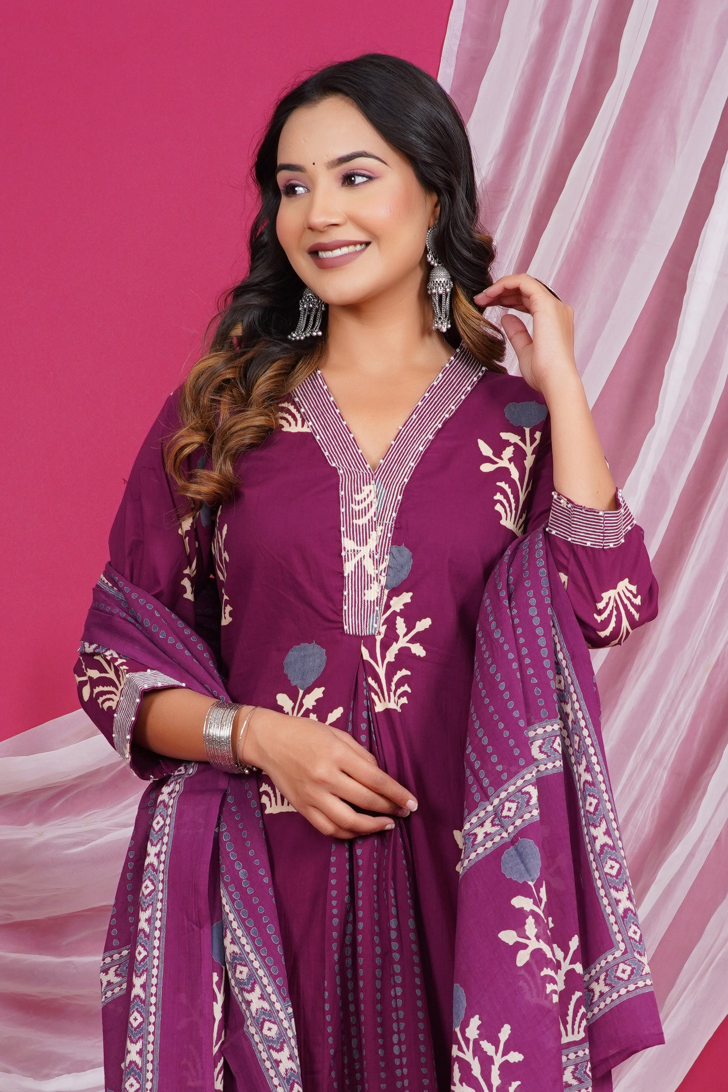 Maroon Floral Printed Kurta with Striped Neck Design