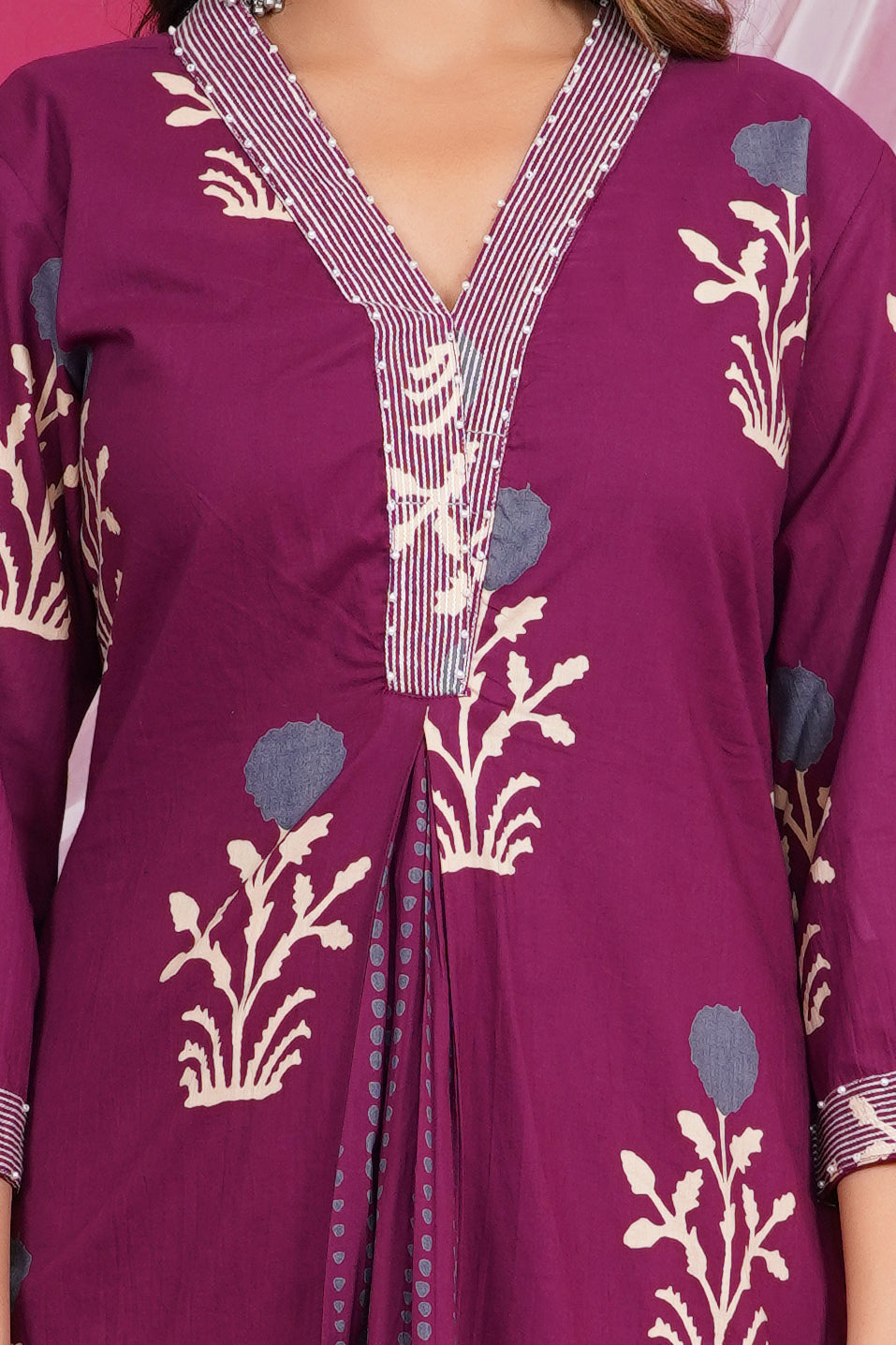 Maroon Floral Printed Kurta with Striped Neck Design