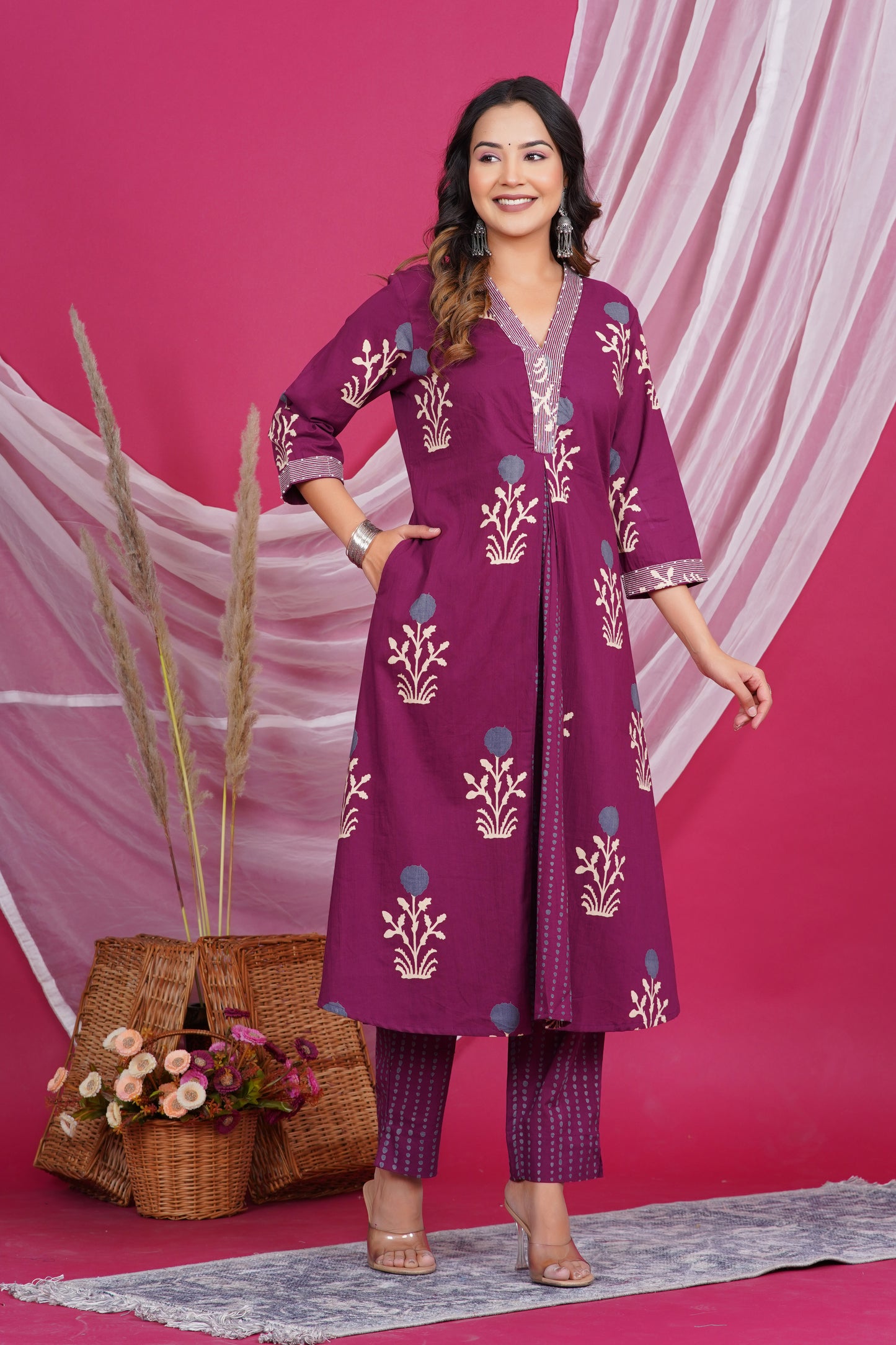 Maroon Floral Printed Kurta with Striped Neck Design