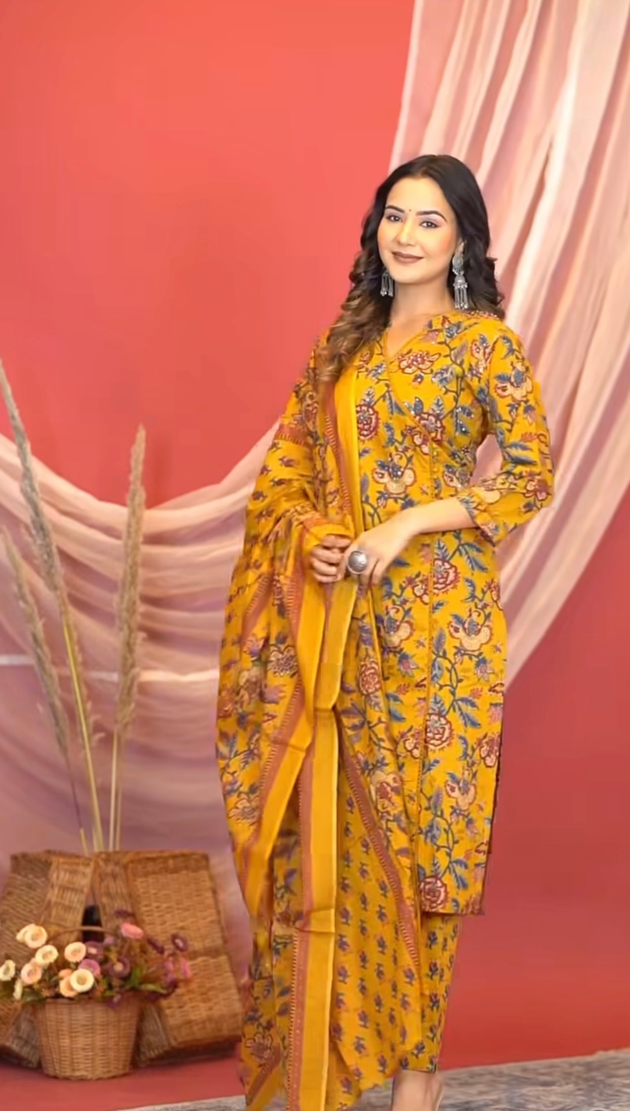 Mustered flower printed kurta set