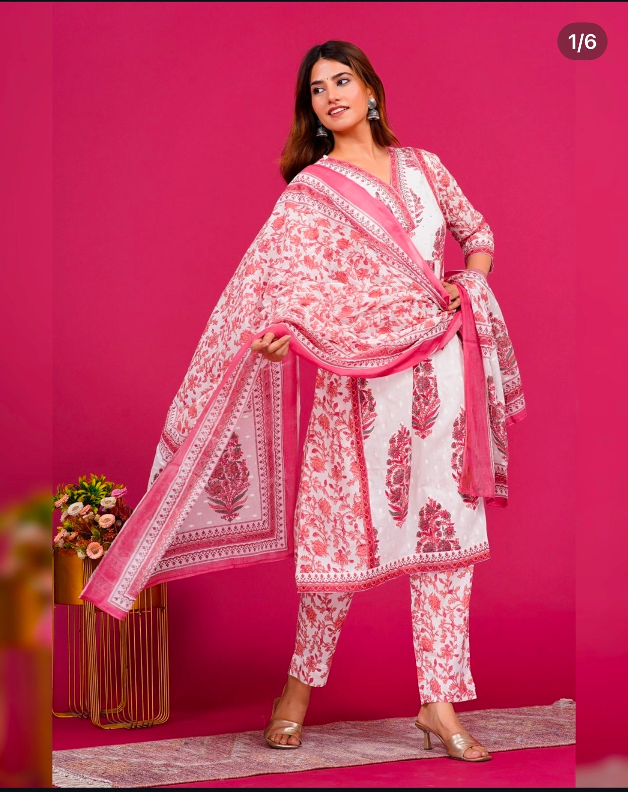 White and rose red flower printed kurta set