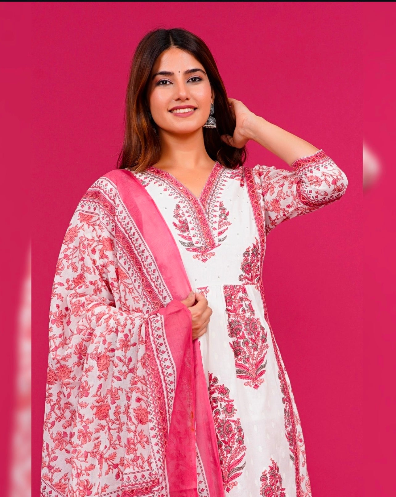 White and rose red flower printed kurta set