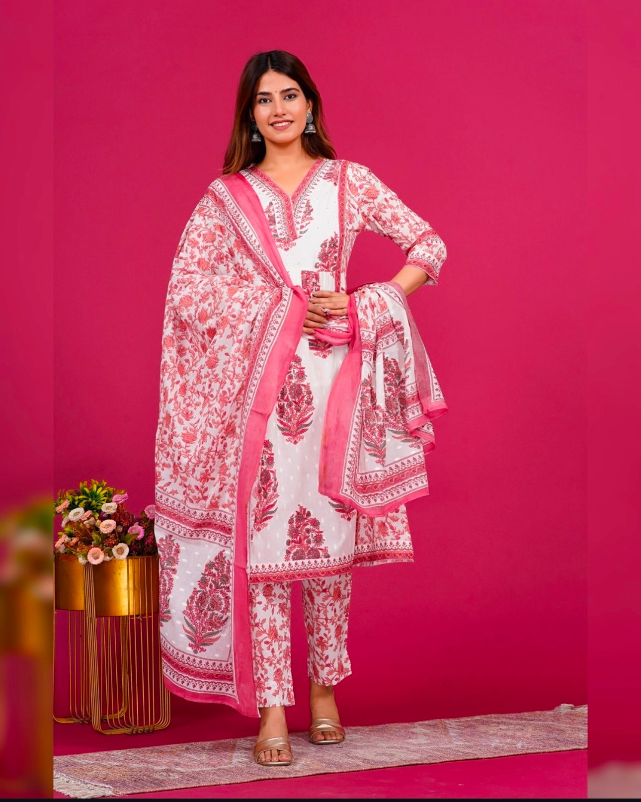 White and rose red flower printed kurta set