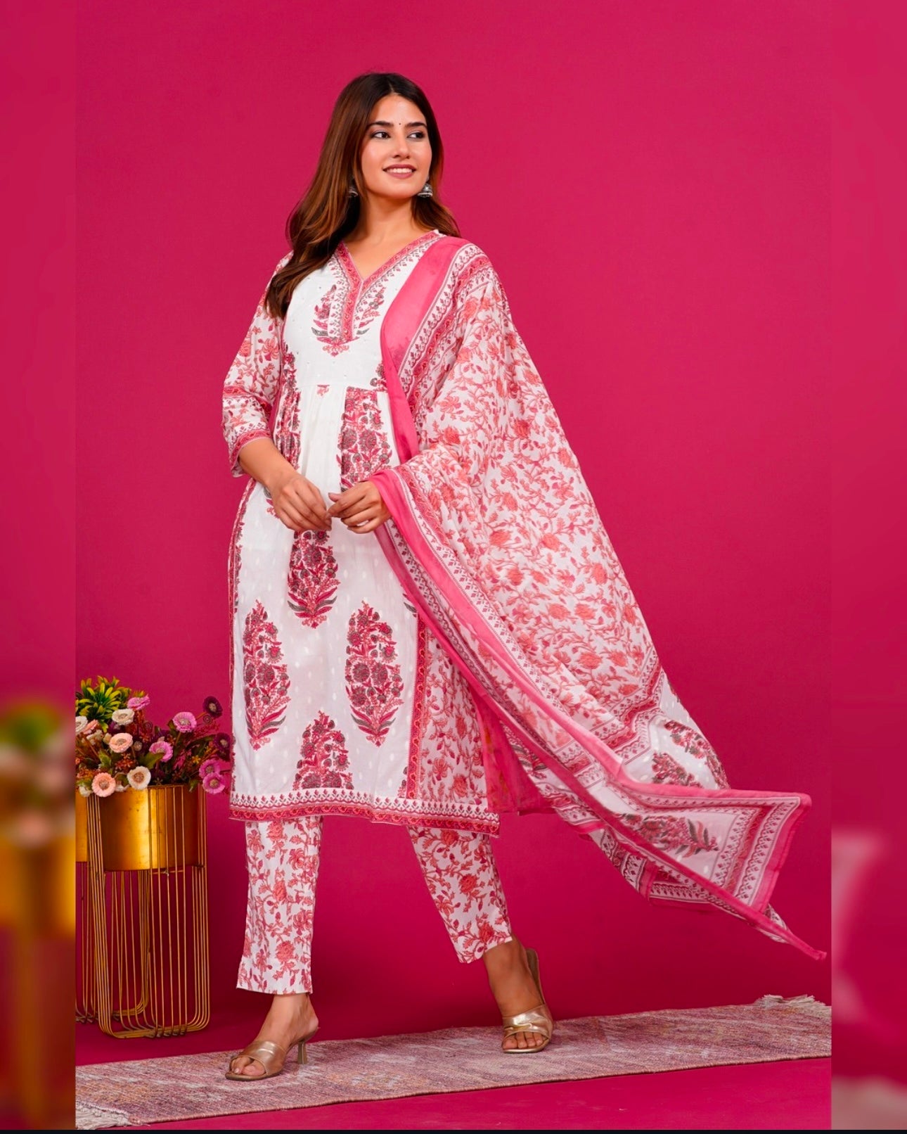 White and rose red flower printed kurta set