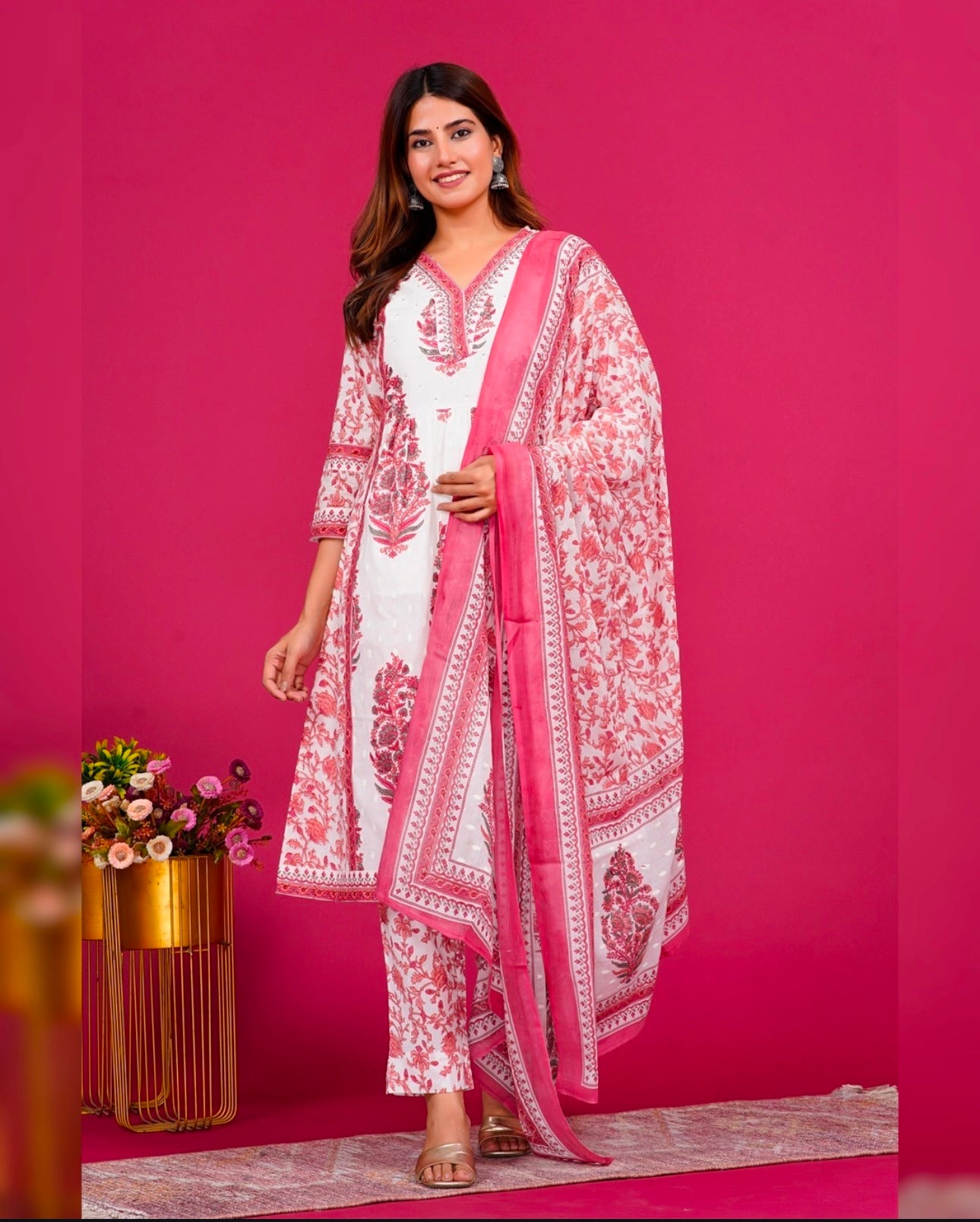 White and rose red flower printed kurta set