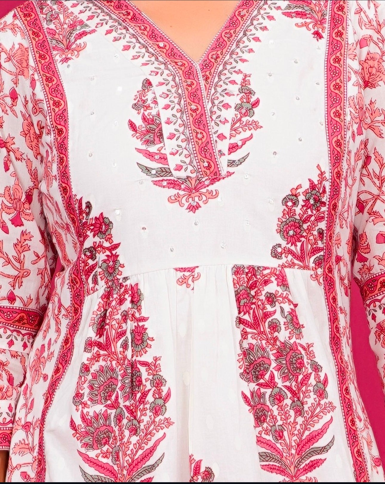 White and rose red flower printed kurta set