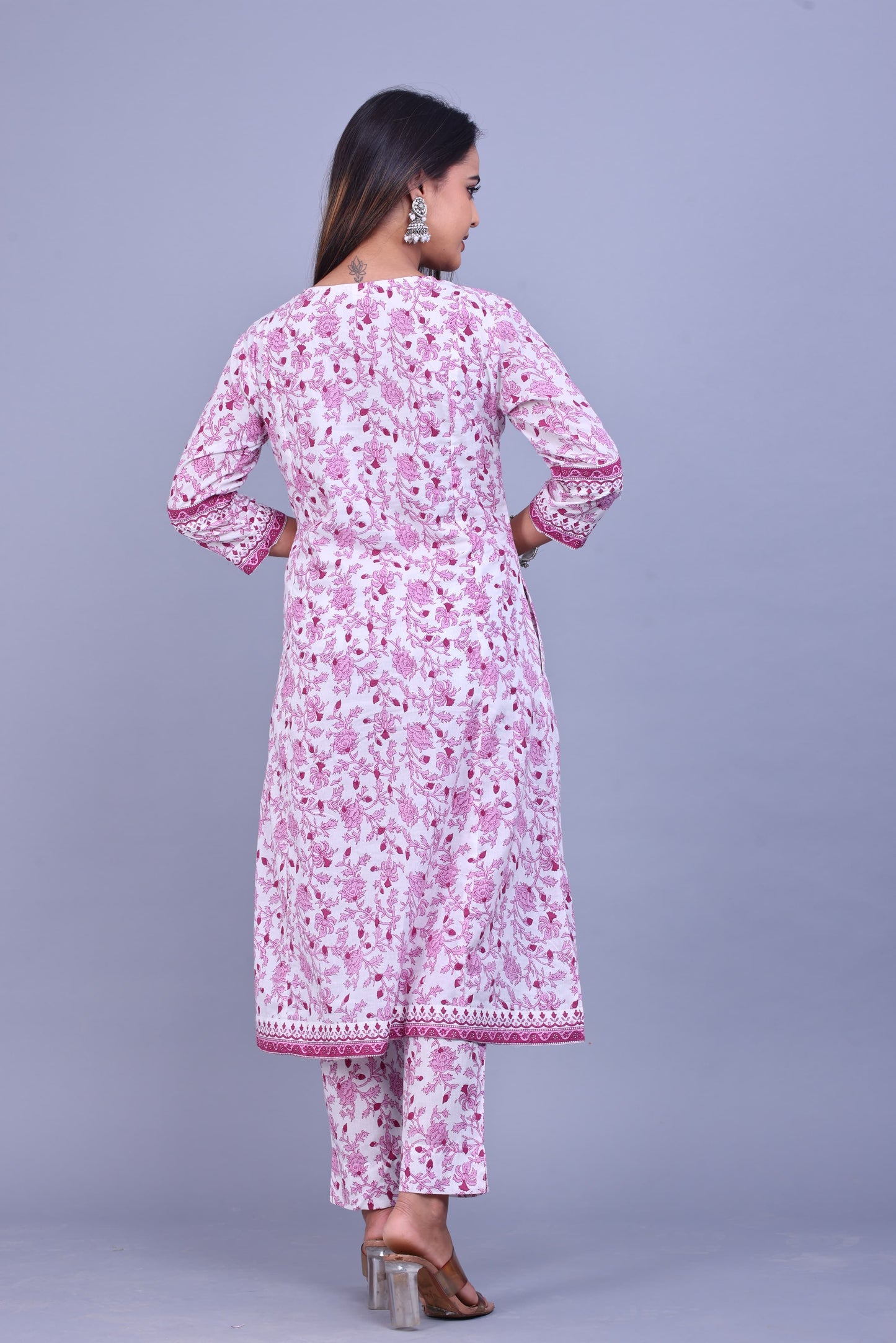 White and pink flower printed kurta set