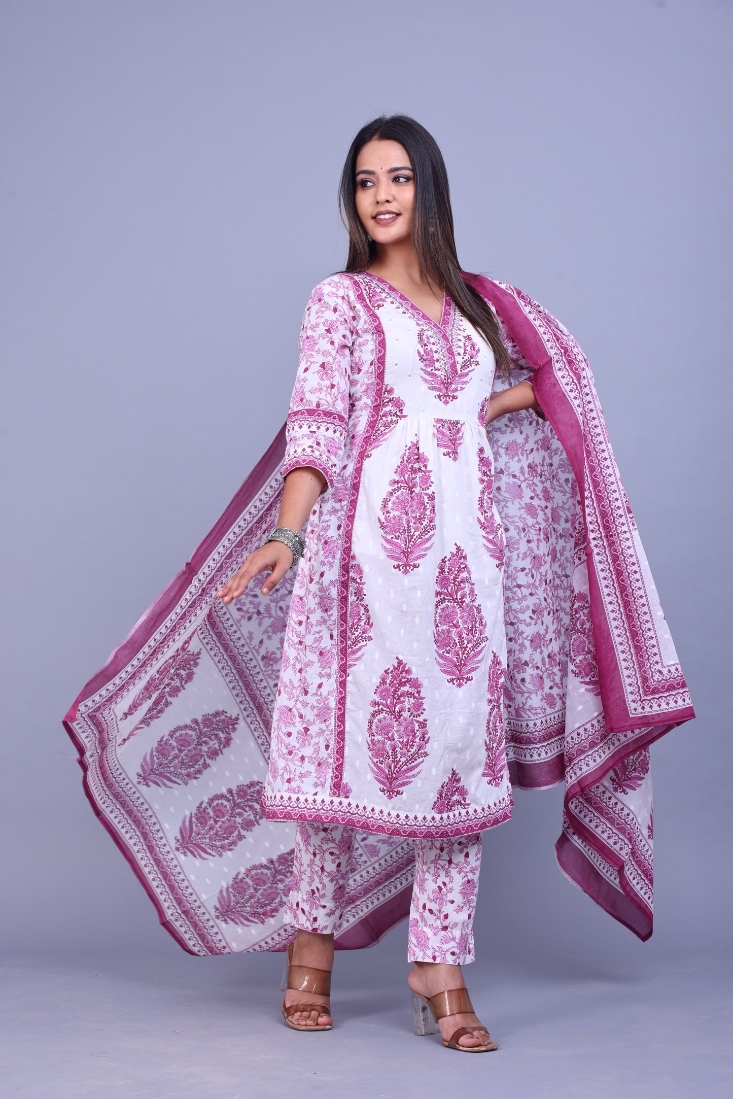 White and pink flower printed kurta set