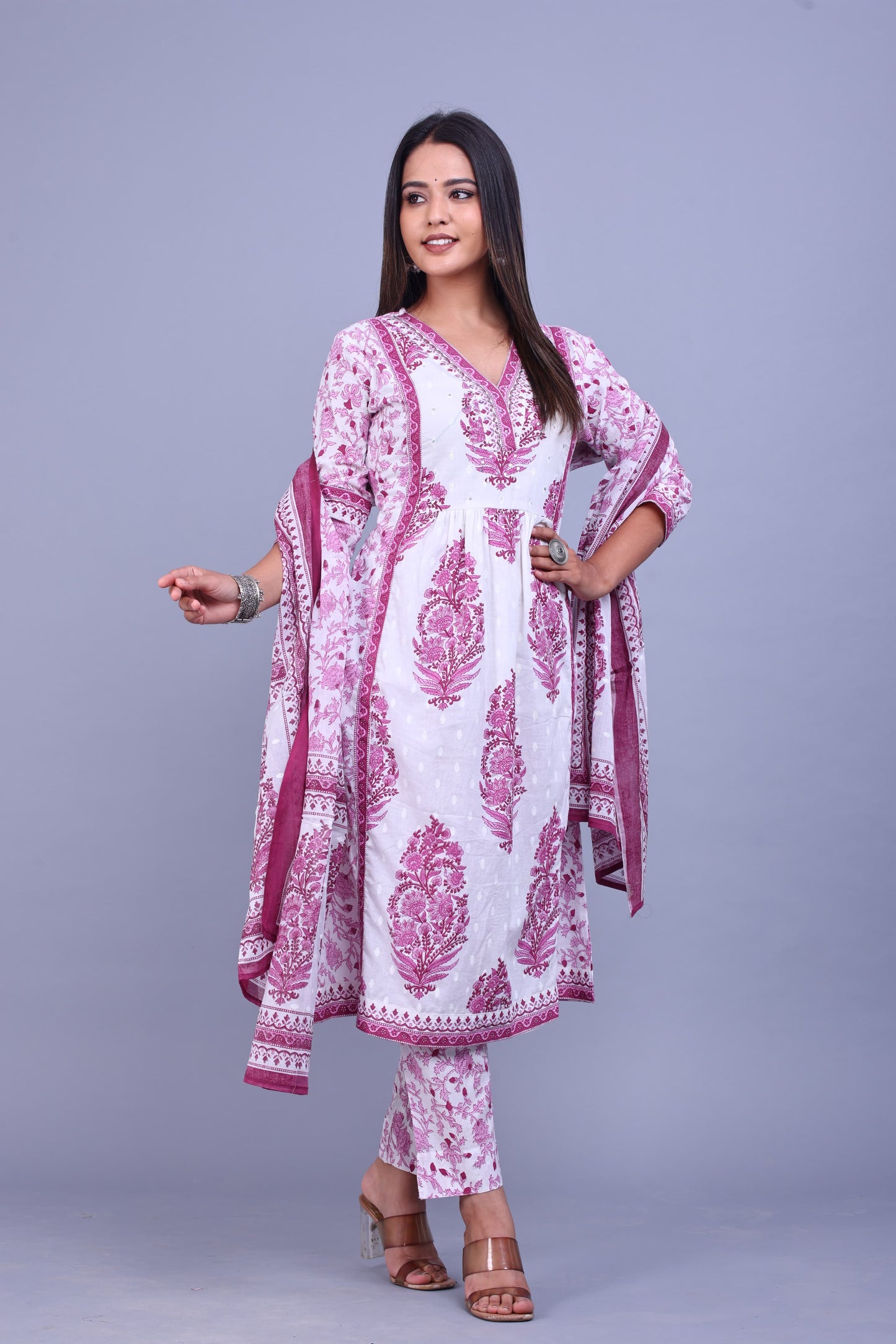 White and pink flower printed kurta set