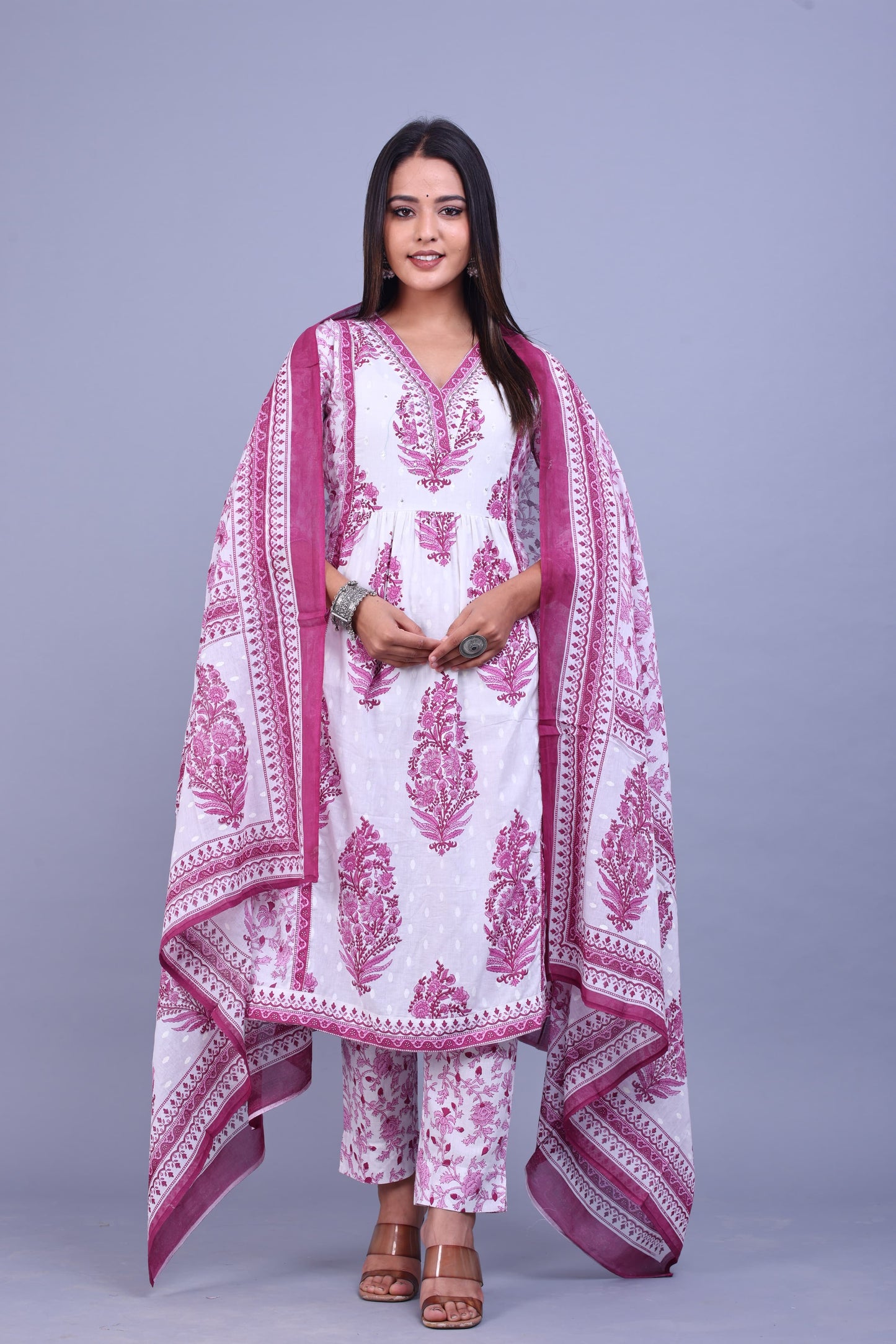 White and pink flower printed kurta set