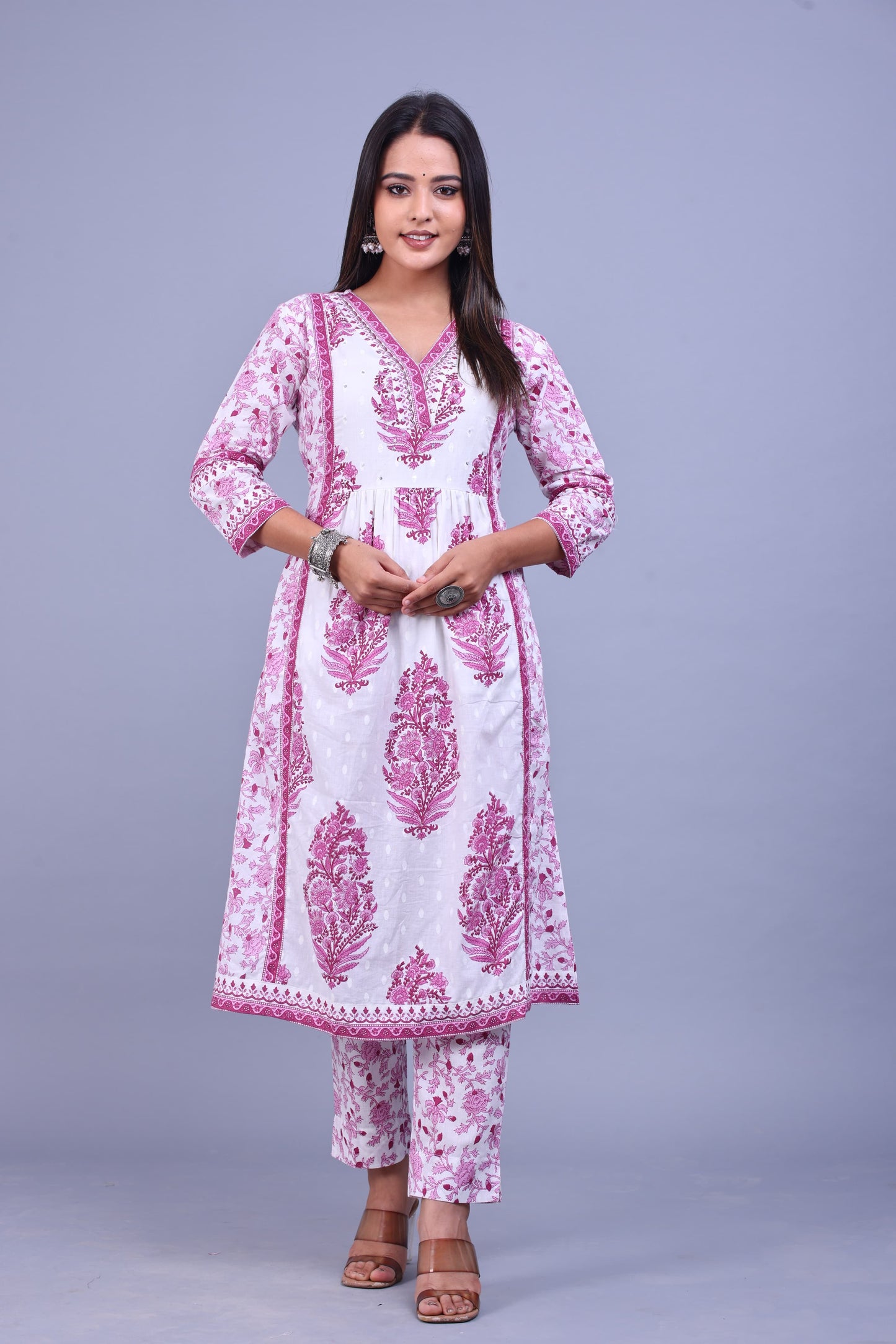 White and pink flower printed kurta set