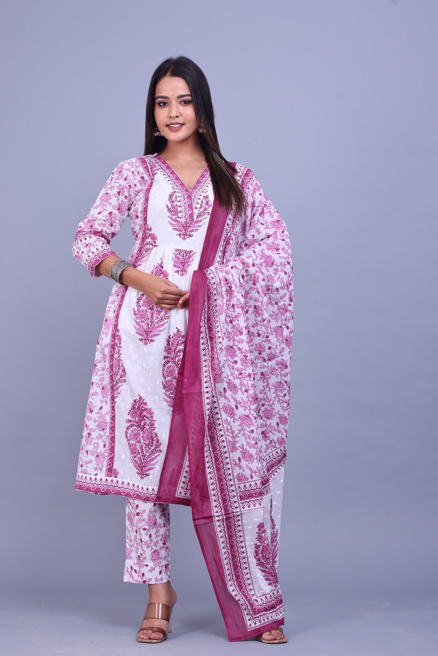 White and pink flower printed kurta set