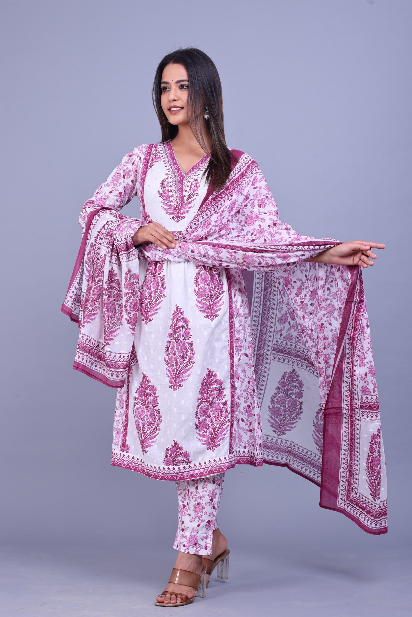 White and pink flower printed kurta set