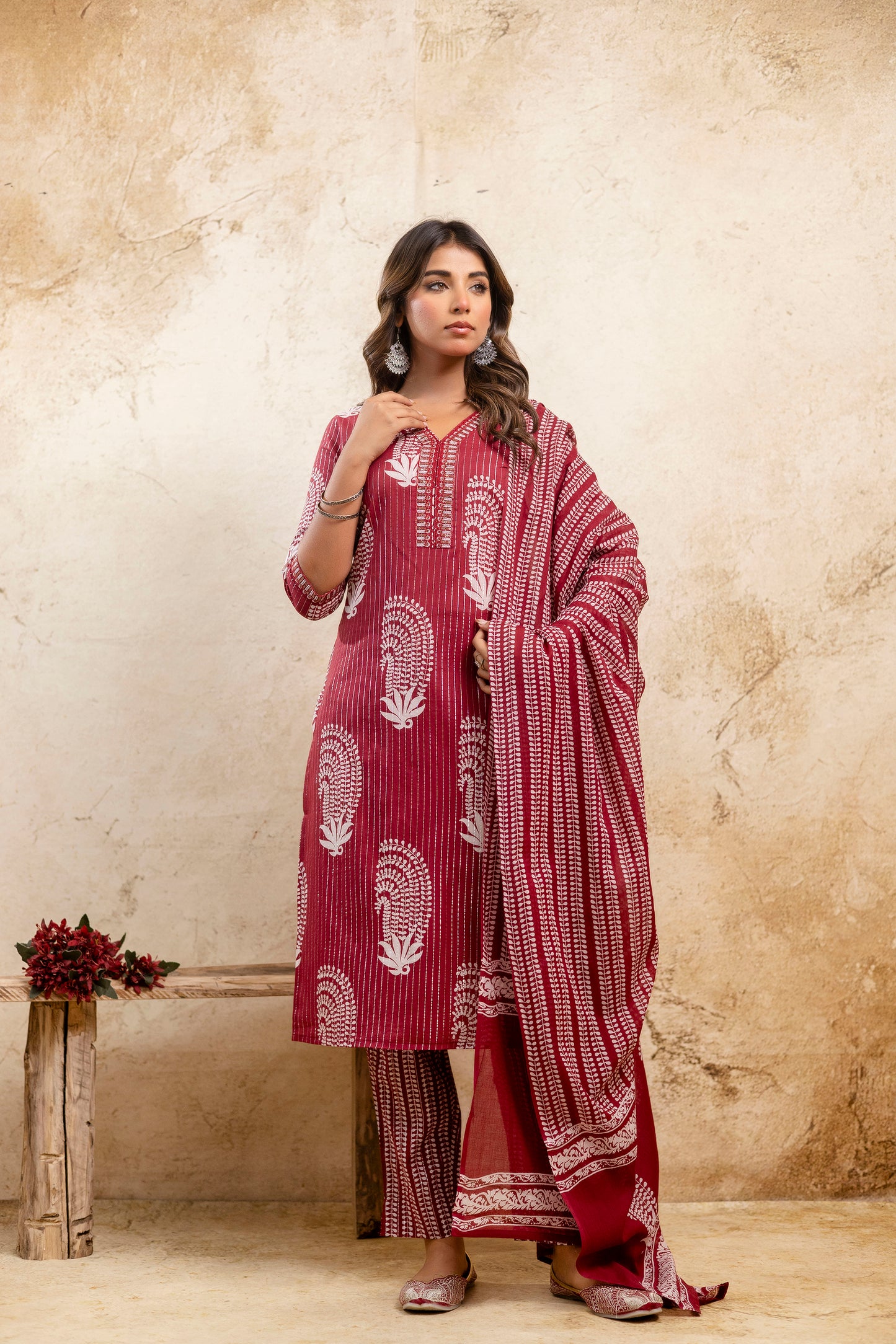 Red printed kurta set