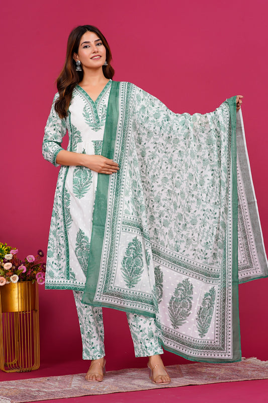 White And Green Kurta Set