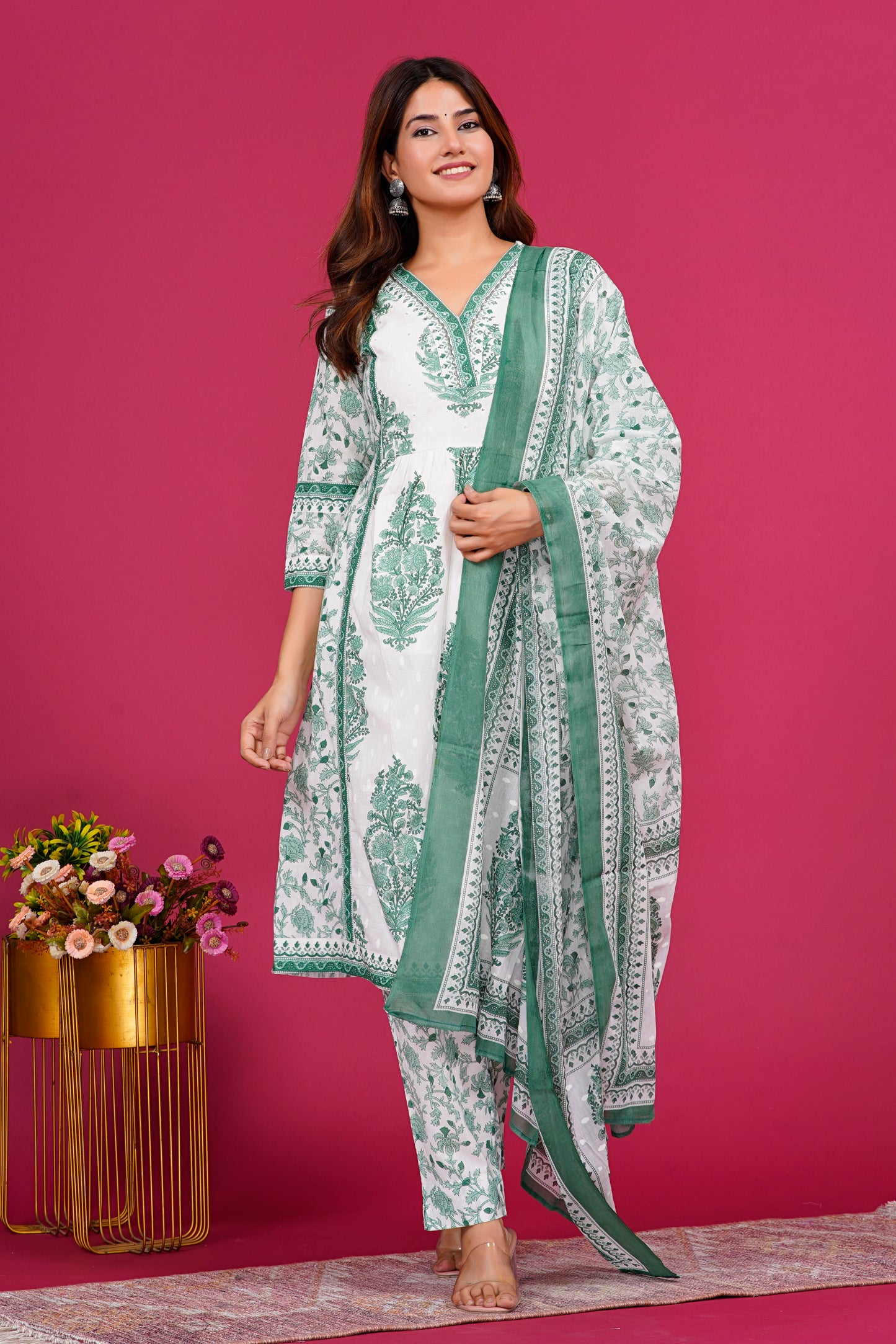 White And Green Kurta Set