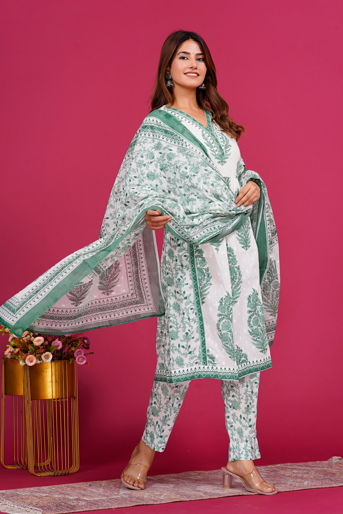 White And Green Kurta Set