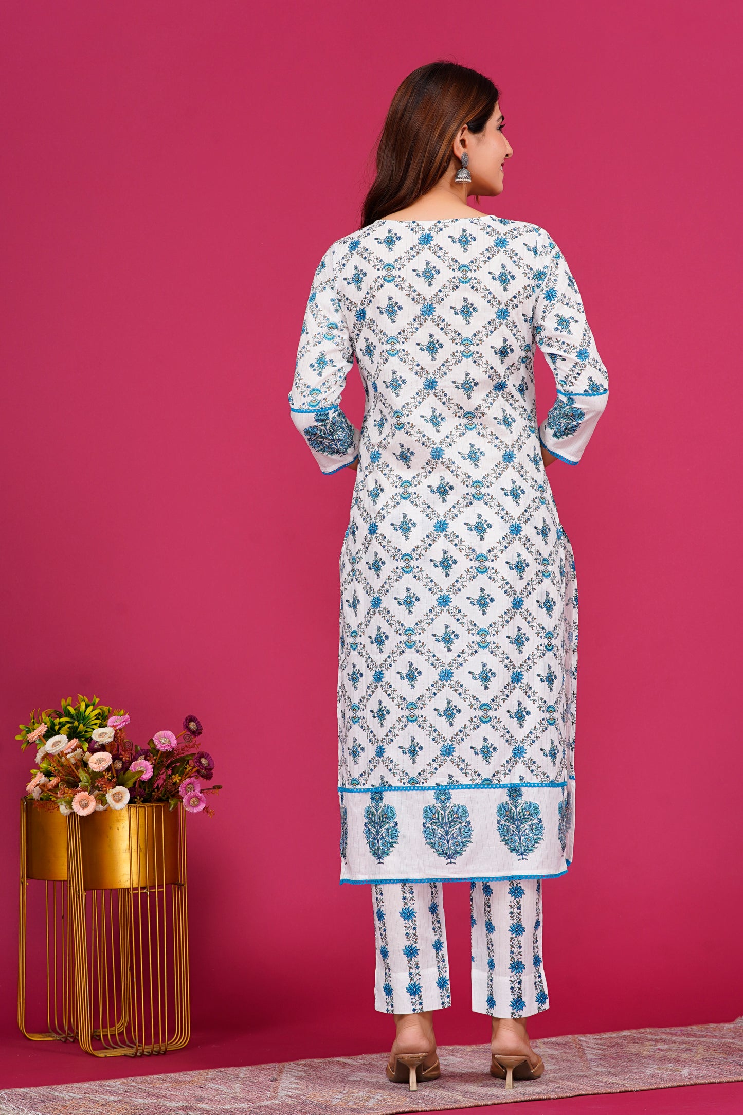 White & Blue Pattern kurta Set