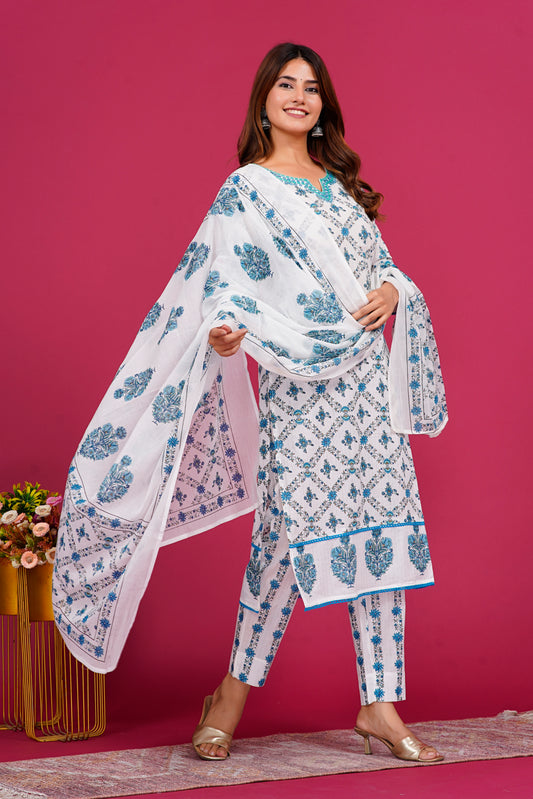 White & Blue Pattern kurta Set