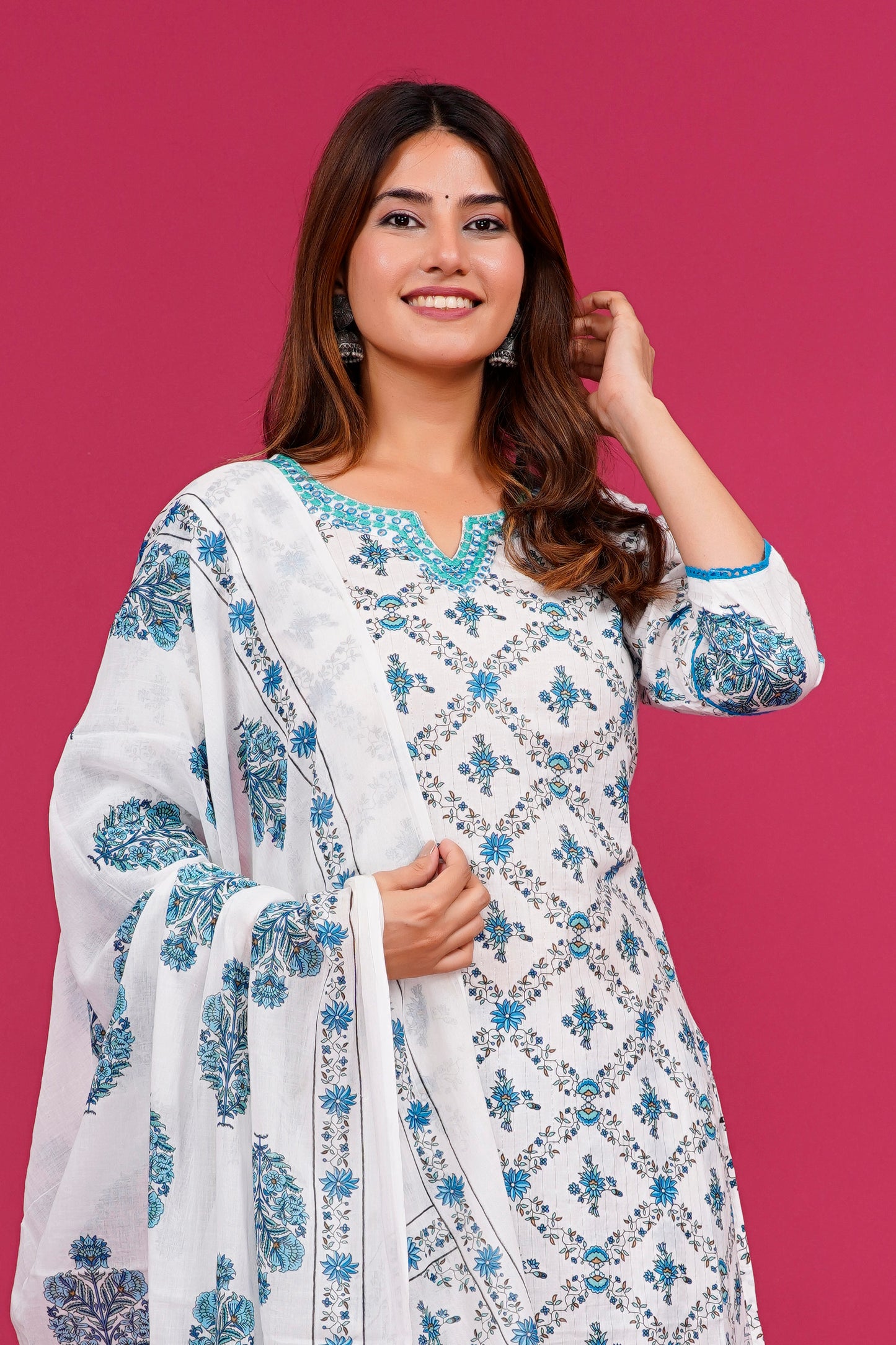 White & Blue Pattern kurta Set