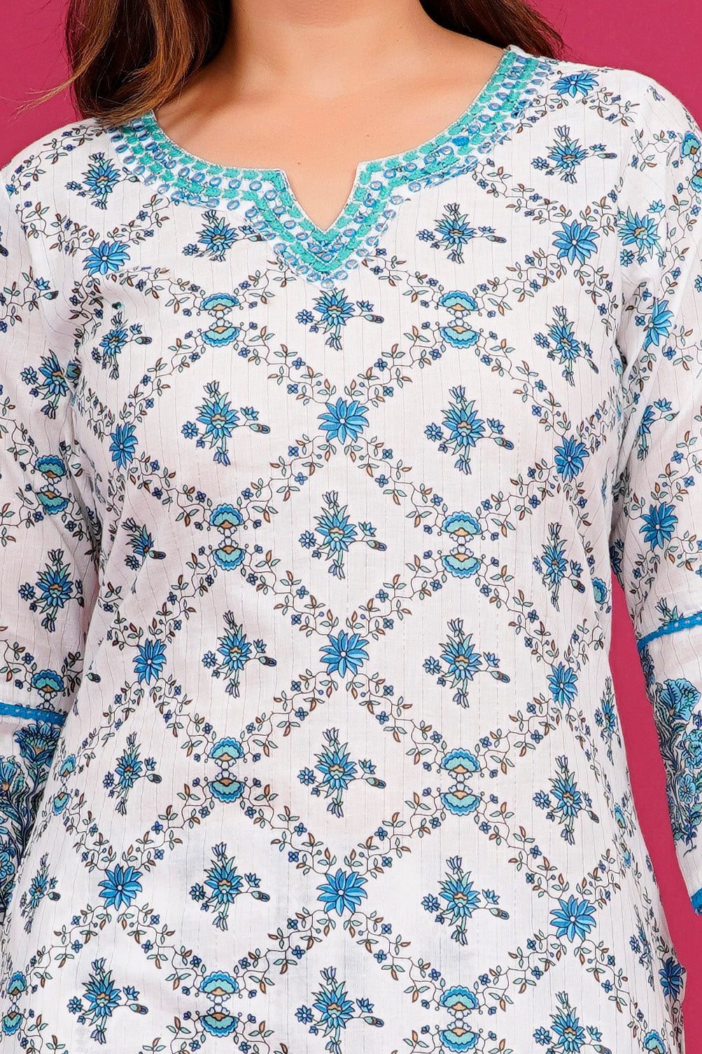 White & Blue Pattern kurta Set