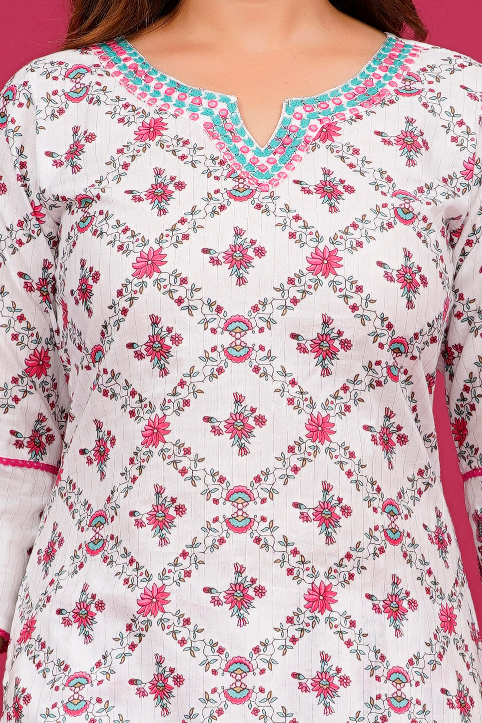 White And Red Pattern kurta Set