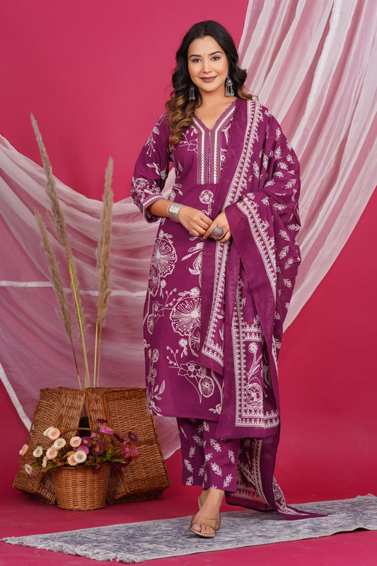 Magenta Floral Print Kurti with Intricate Embroidered Neckline