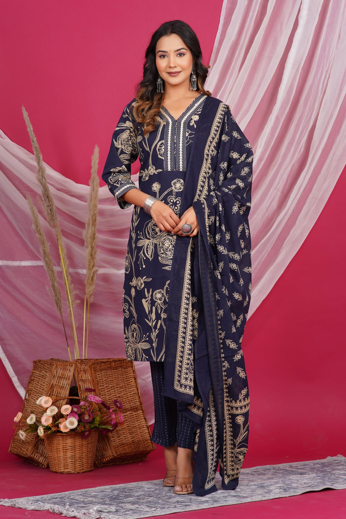 Navy Blue Floral Printed Kurta with Embroidered Neckline