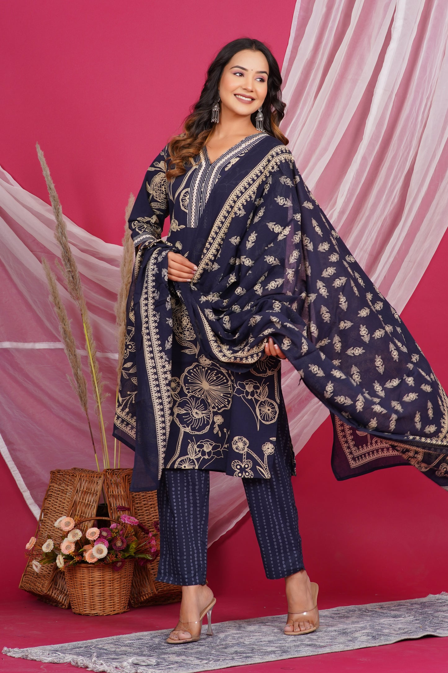 Navy Blue Floral Printed Kurta with Embroidered Neckline