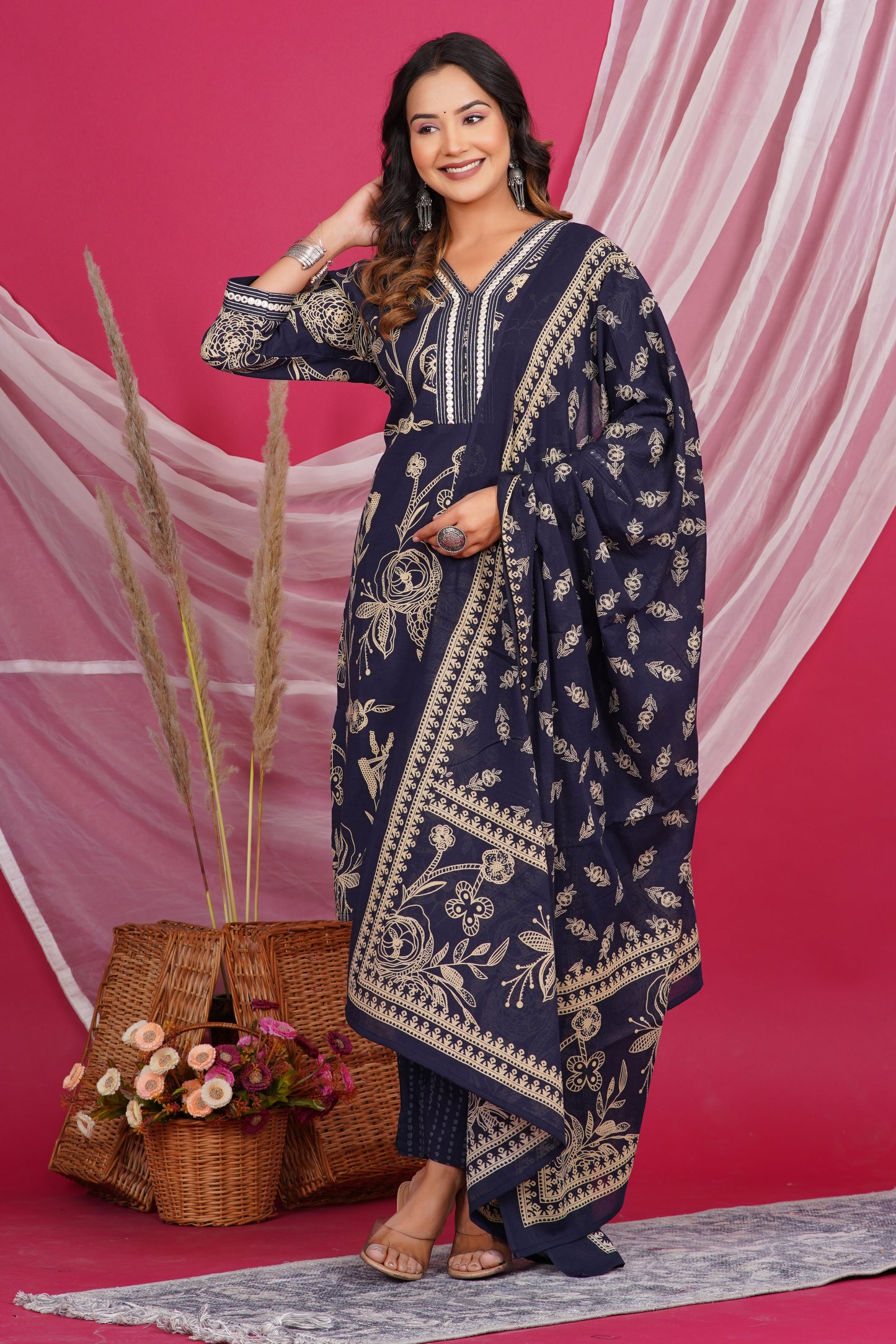 Navy Blue Floral Printed Kurta with Embroidered Neckline