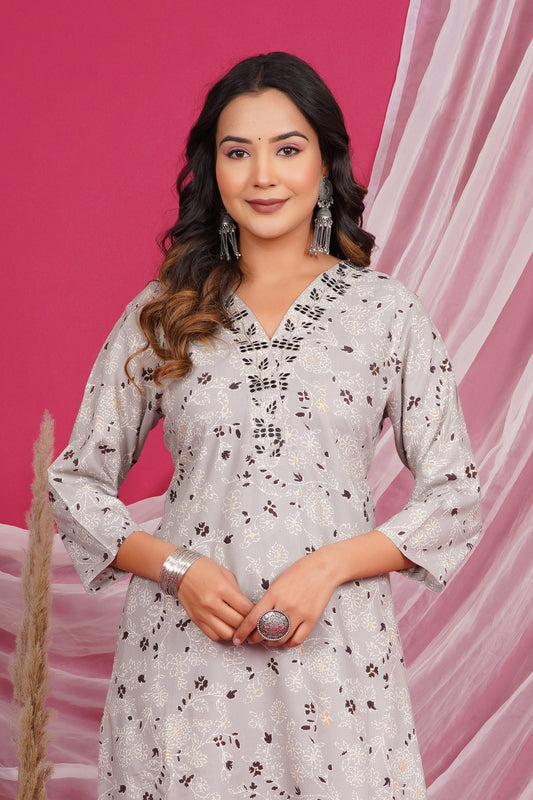Misty Grey Floral Embroidered Kurti
